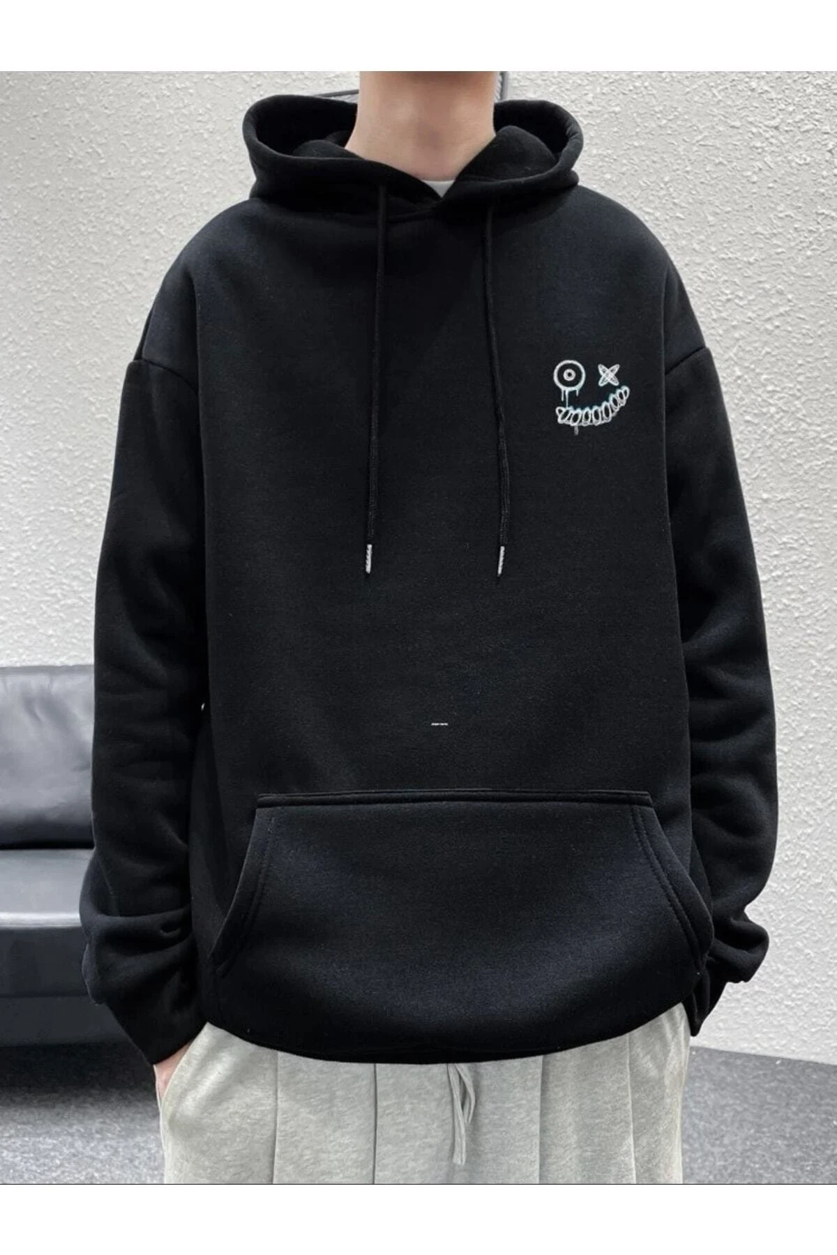 Oversize Unisex Zombie Smile Baskılı E Kapüşonlu Sweatshirt