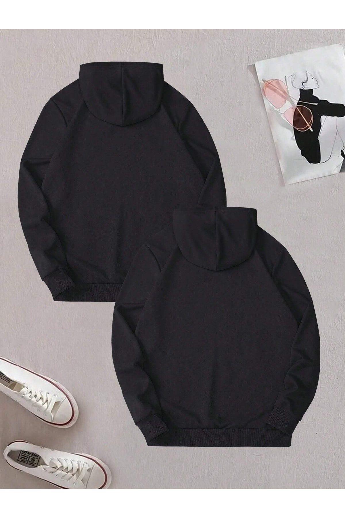 King ve Queen Tasarımlı Siyah Hoodie + Beyaz Sneaker Seti (2'li kombin )
