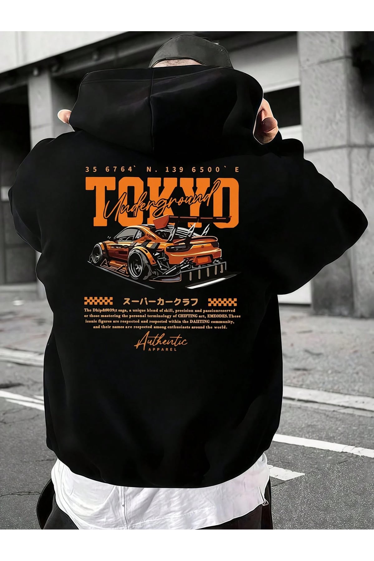 Tokyo Underground Drift Saga Siyah Hoodie Araba Yarışı Temalı Authentic Apparel sweatshirt