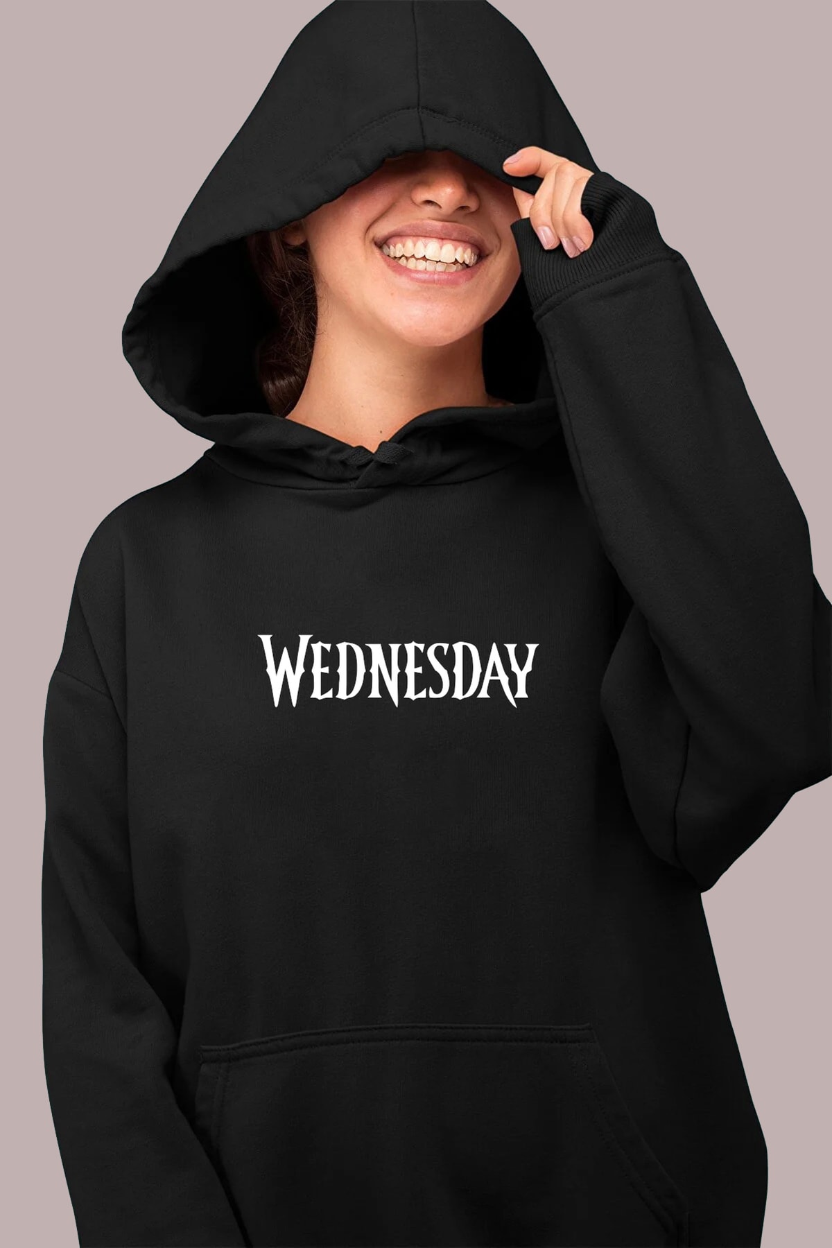 Tedzone Unisex Siyah Wednesday Baskılı Kapüşonlu Sweatshirt