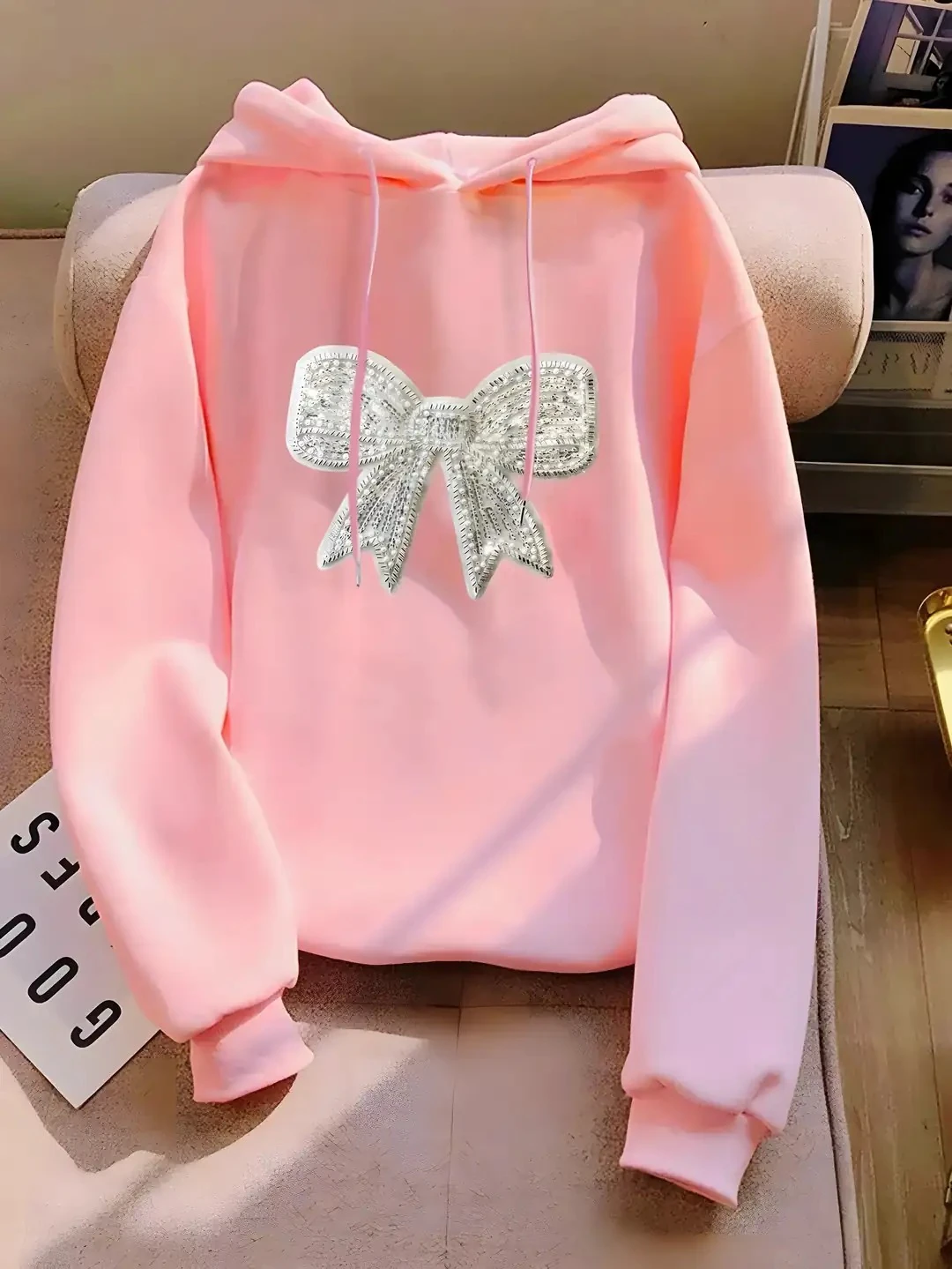 GÜMÜŞ KURDELE BASKILI HOODİE - pembe