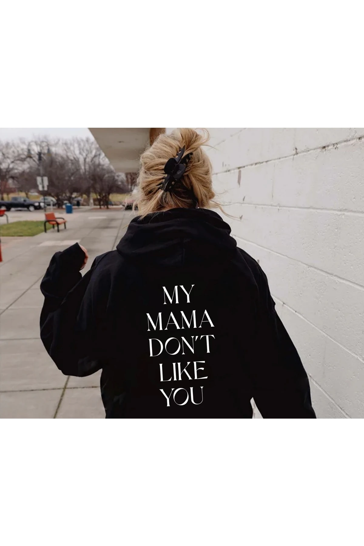 Mama Dont Like You Baskılı Siyah Oversize Kapüşonlu Sweatshirt