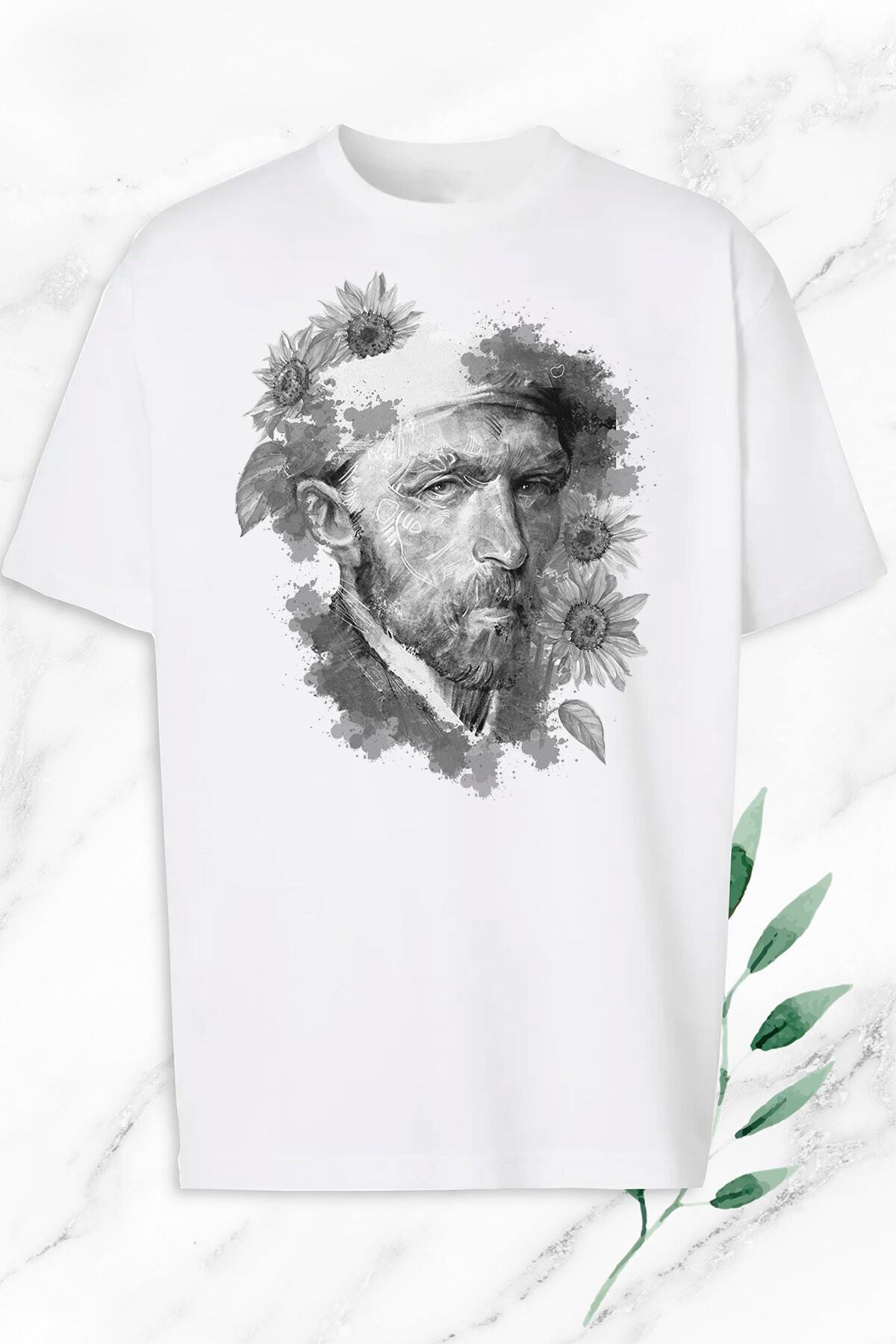 Unisex Oversize Art Vincent Van Gogh Baskılı Beyaz  T-Shirt