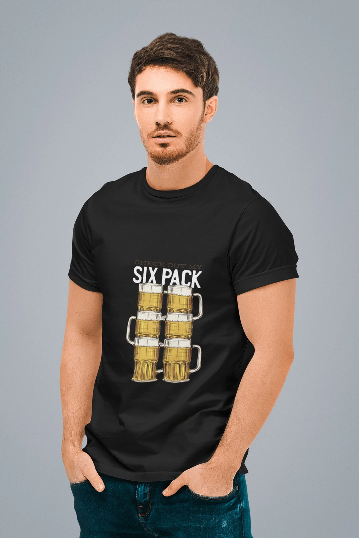 Erkek Siyah Altı Bira Baskılı Standart T-shirt T8235314
