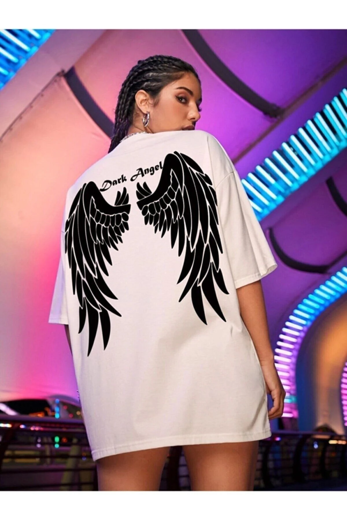 Kadın Dark Angel Baskılı Oversize Penye T-shirt Tişört
