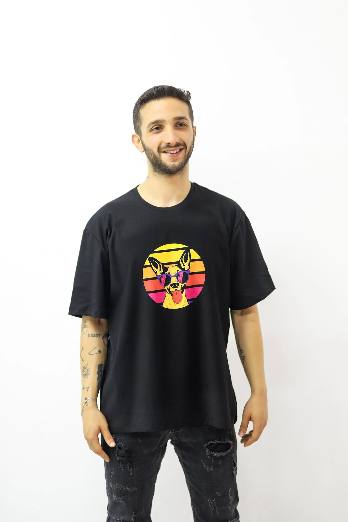 Unisex Fit Siyah Rainbow Dog Baskılı T-shirt