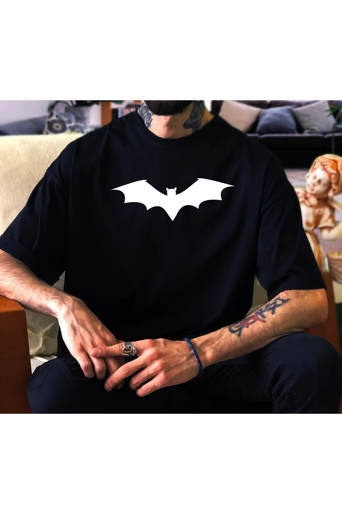 Unisex Yarasa Desenli Siyah Oversize Tshirt