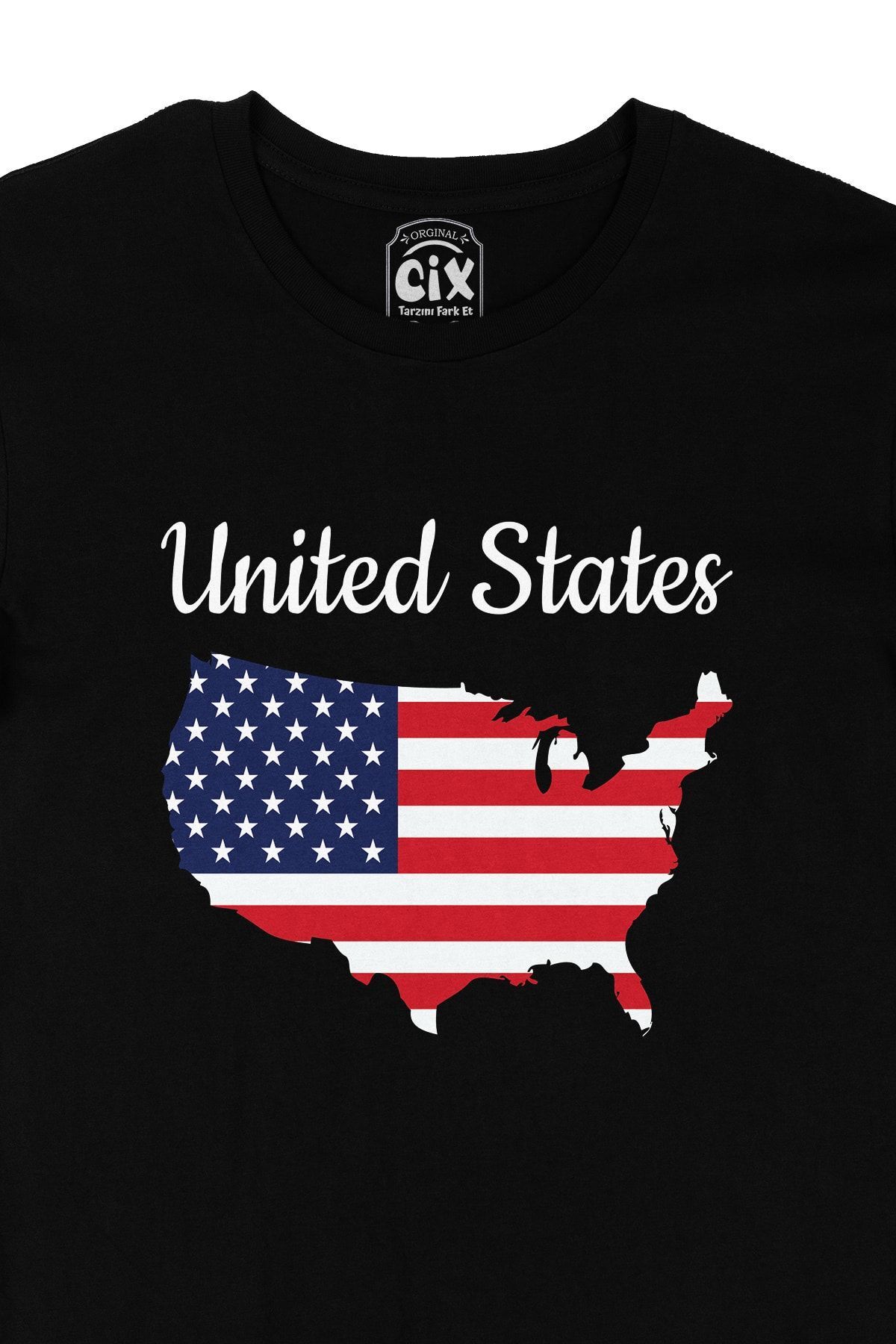 Unisex Amerika Haritalı Ve Bayraklı Siyah Tişört