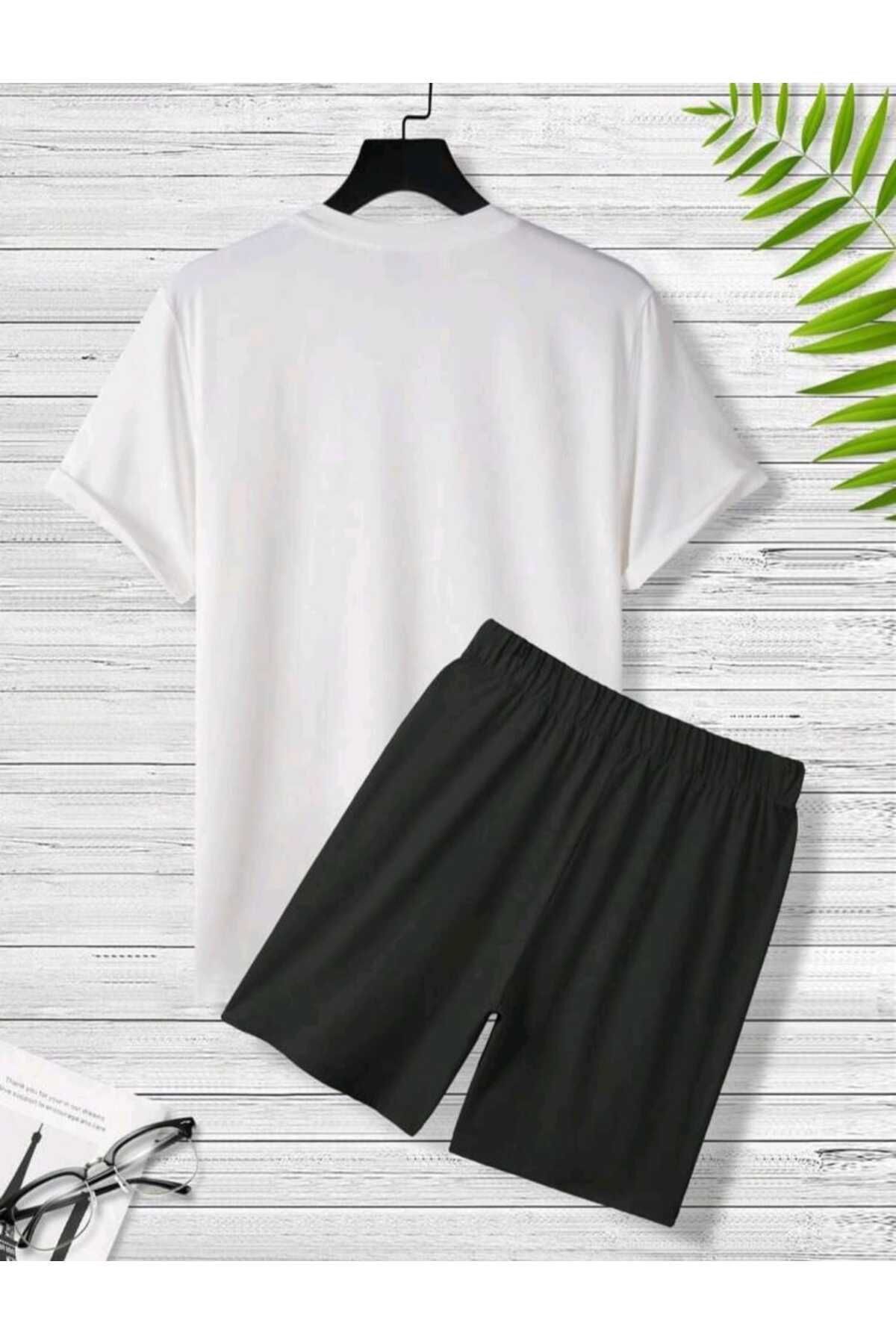 Erkek Minimal Palmiye Baskılı Sokak Stili Şort T-shirt Takım