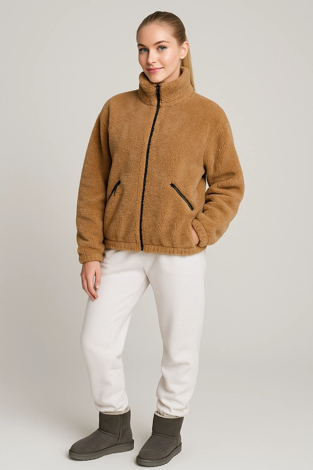 Kadın Fermuarlı Peluş Ceket - sütlü kahve