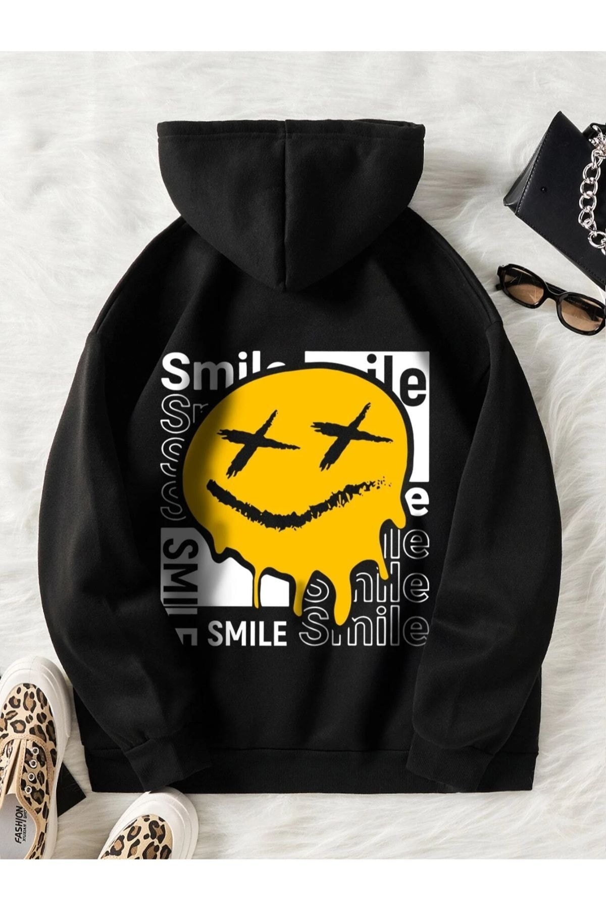 Unisex Siyah Smilehoodie Sweatshirt
