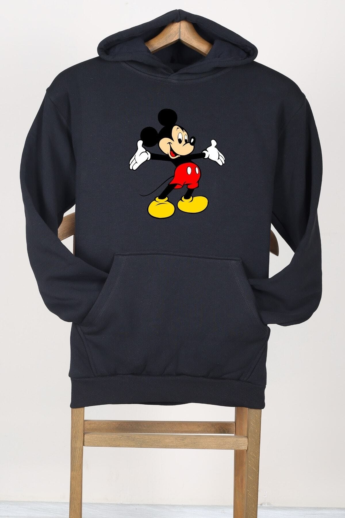 Oversize Unisex Siyah Mickey Mouse Baskılı Kapüşonlu Sweatshirt