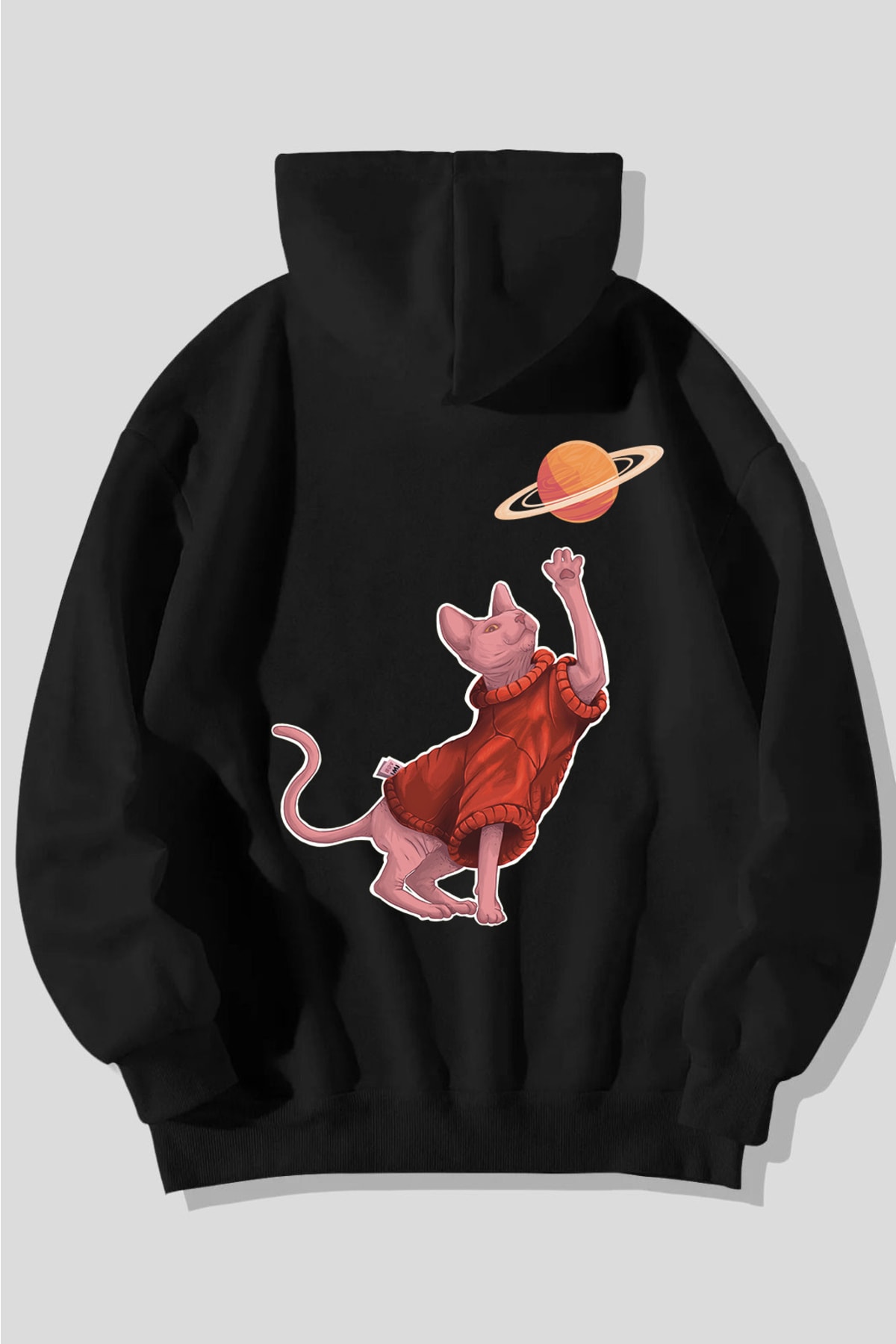 Unisex Siyah Iwi Cat Baskı Oversize Kapüşonlu Sweatshirt