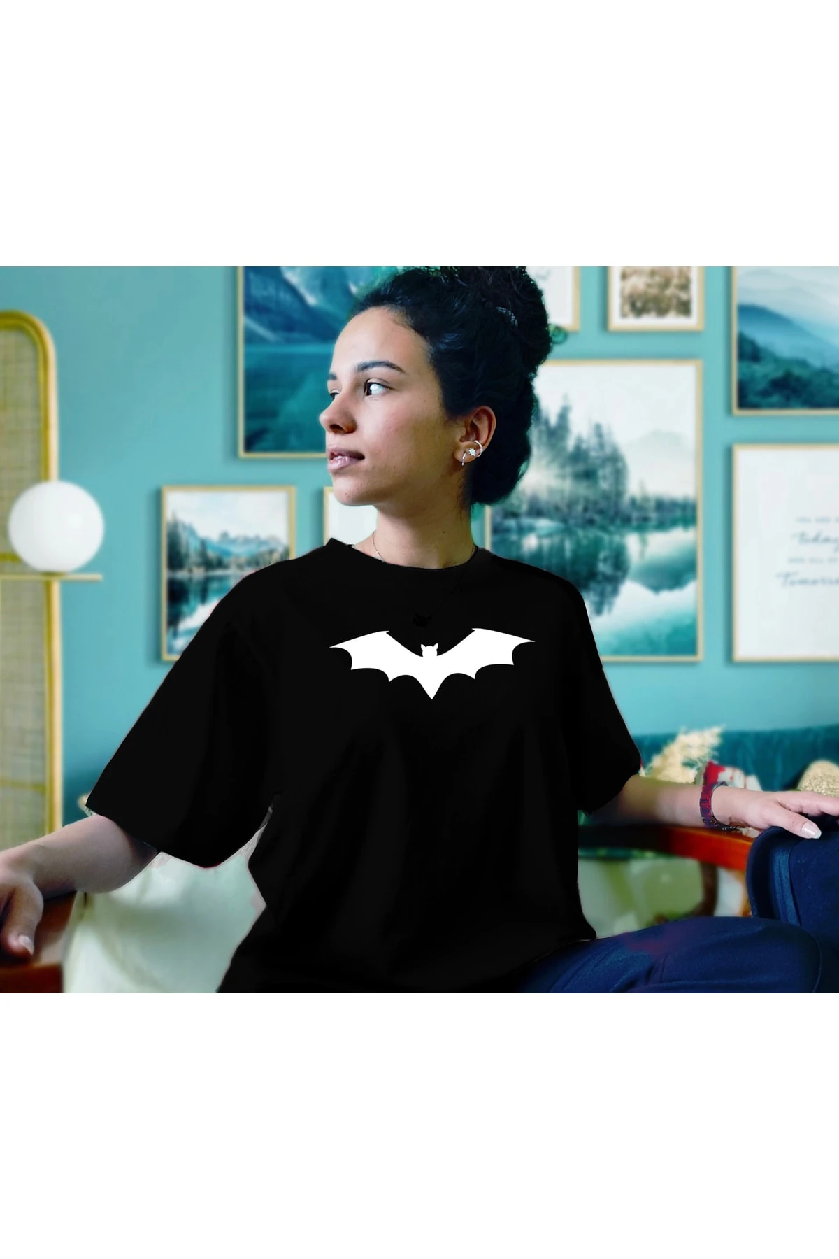 Unisex Yarasa Desenli Siyah Oversize Tshirt