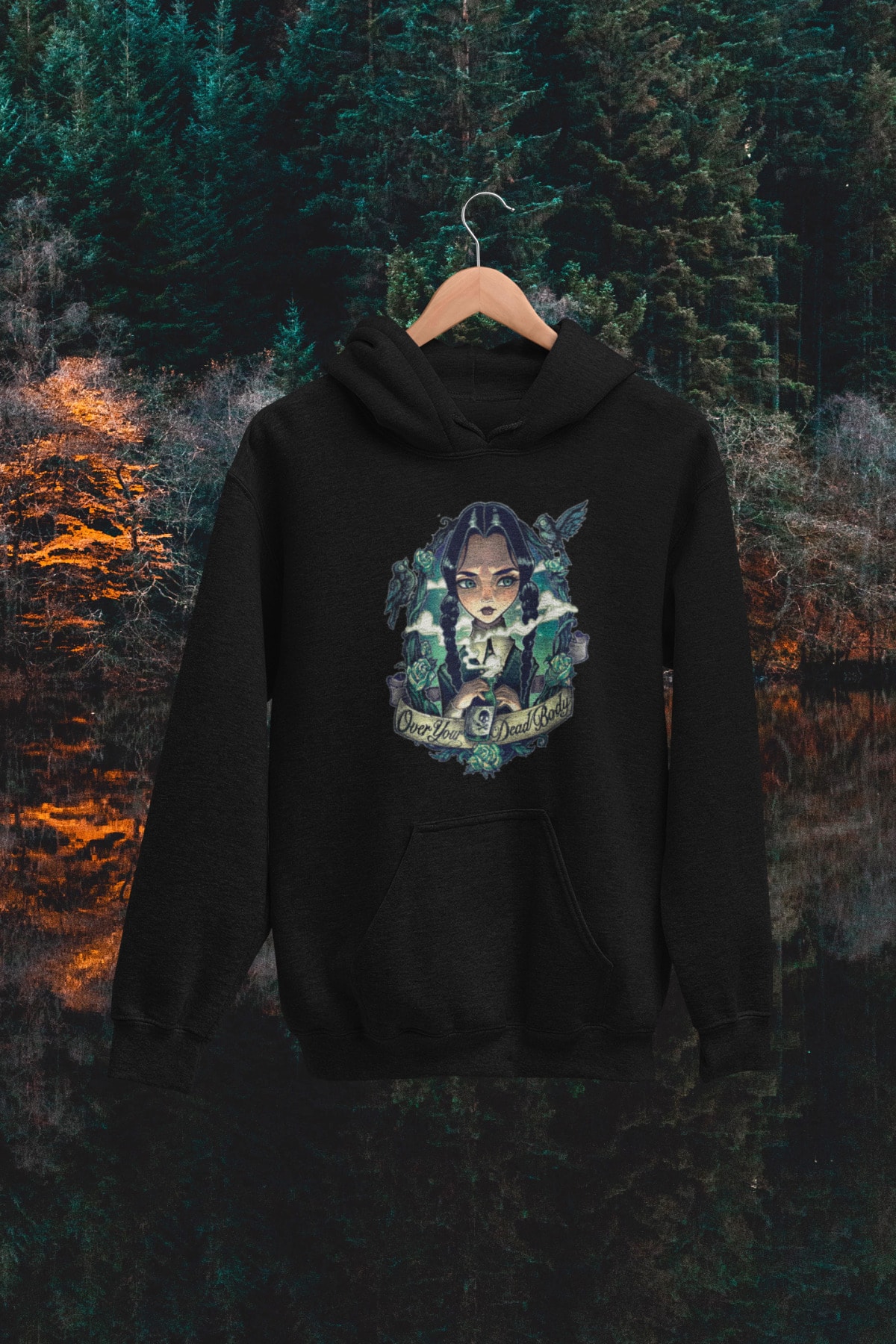 Wednesday Dizi Gotik Baskılı Siyah Kapüşonlu Unisex Sweatshirt