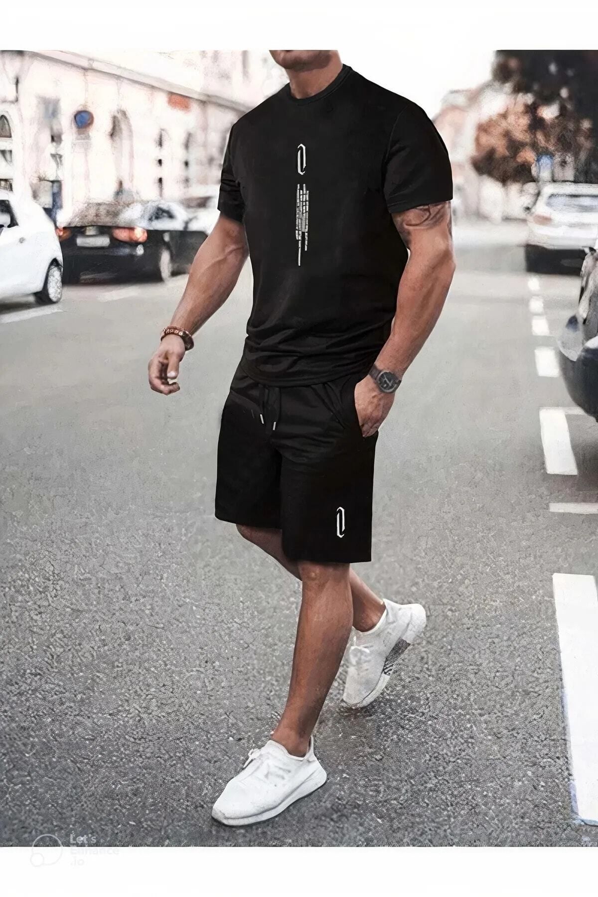 Erkek Siyah Dikey Baskılı Oversize Şort T-shirt Takım