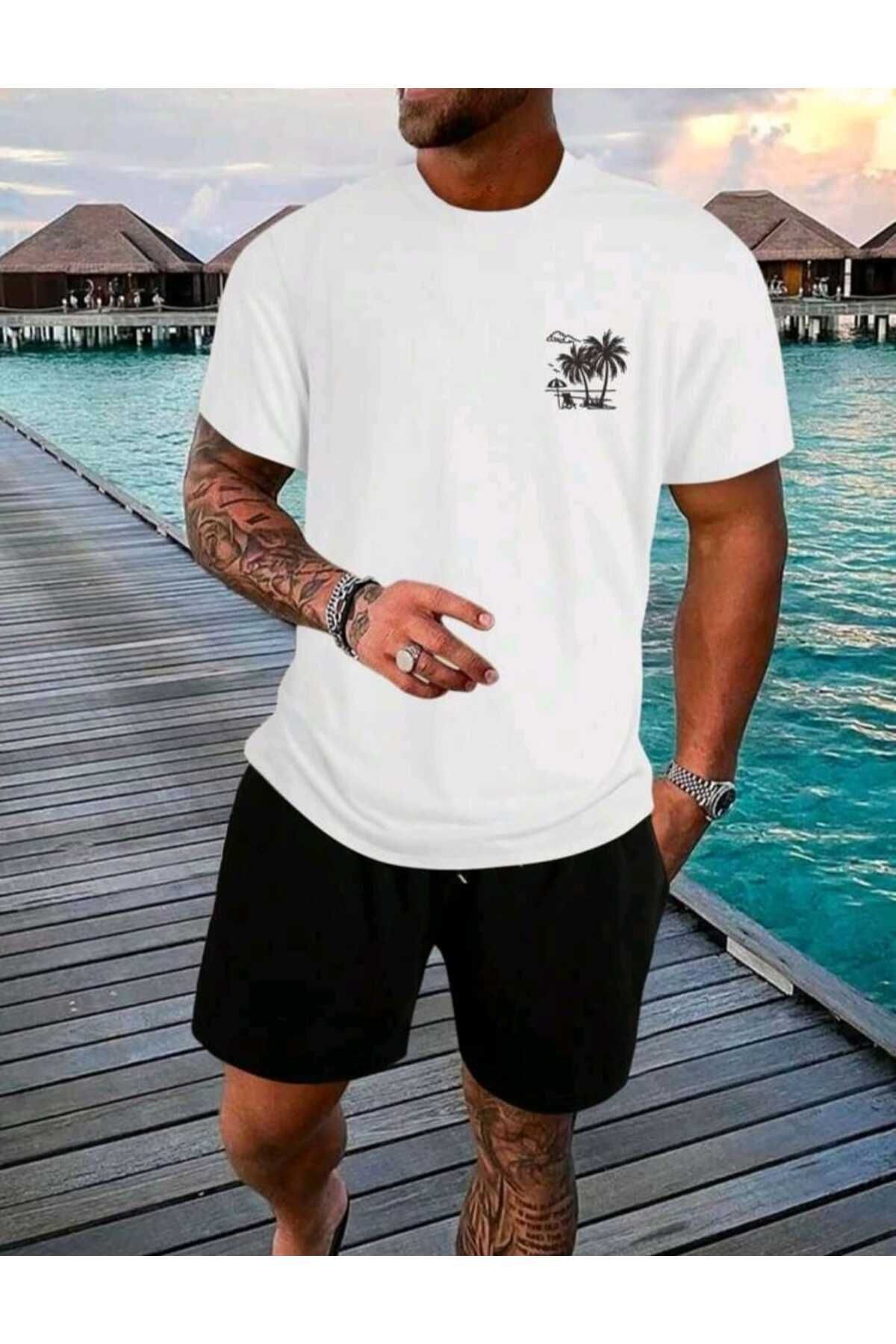 Erkek Minimal Palmiye Baskılı Sokak Stili Şort T-shirt Takım