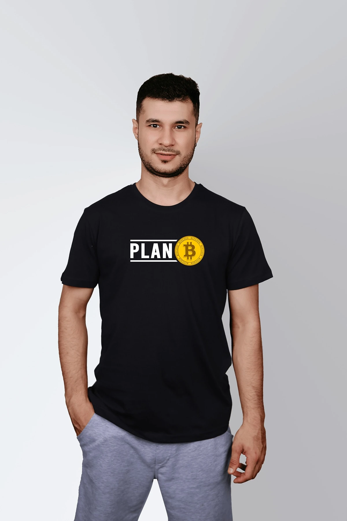 Erkek Siyah Plan Bitcoin Yazılı Baskılı Standart T-shirt T8869042