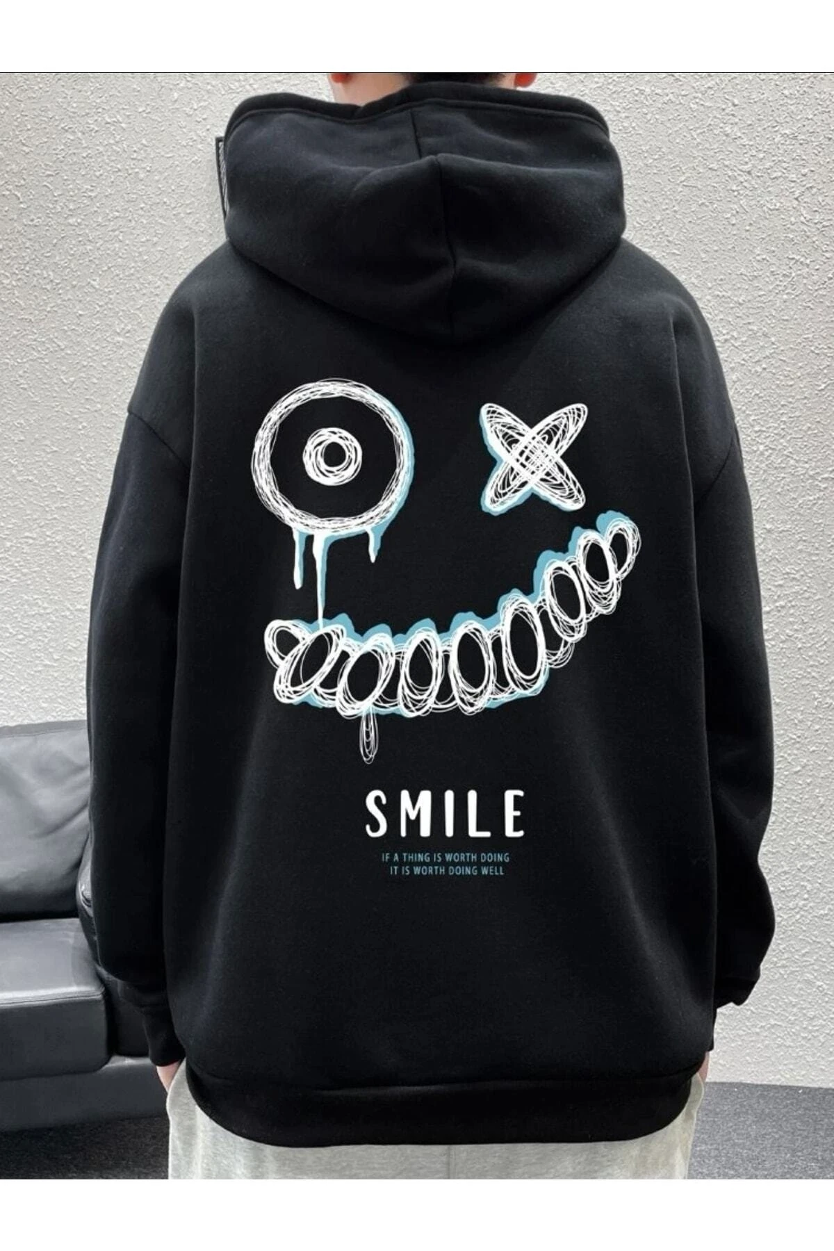 Oversize Unisex Zombie Smile Baskılı E Kapüşonlu Sweatshirt