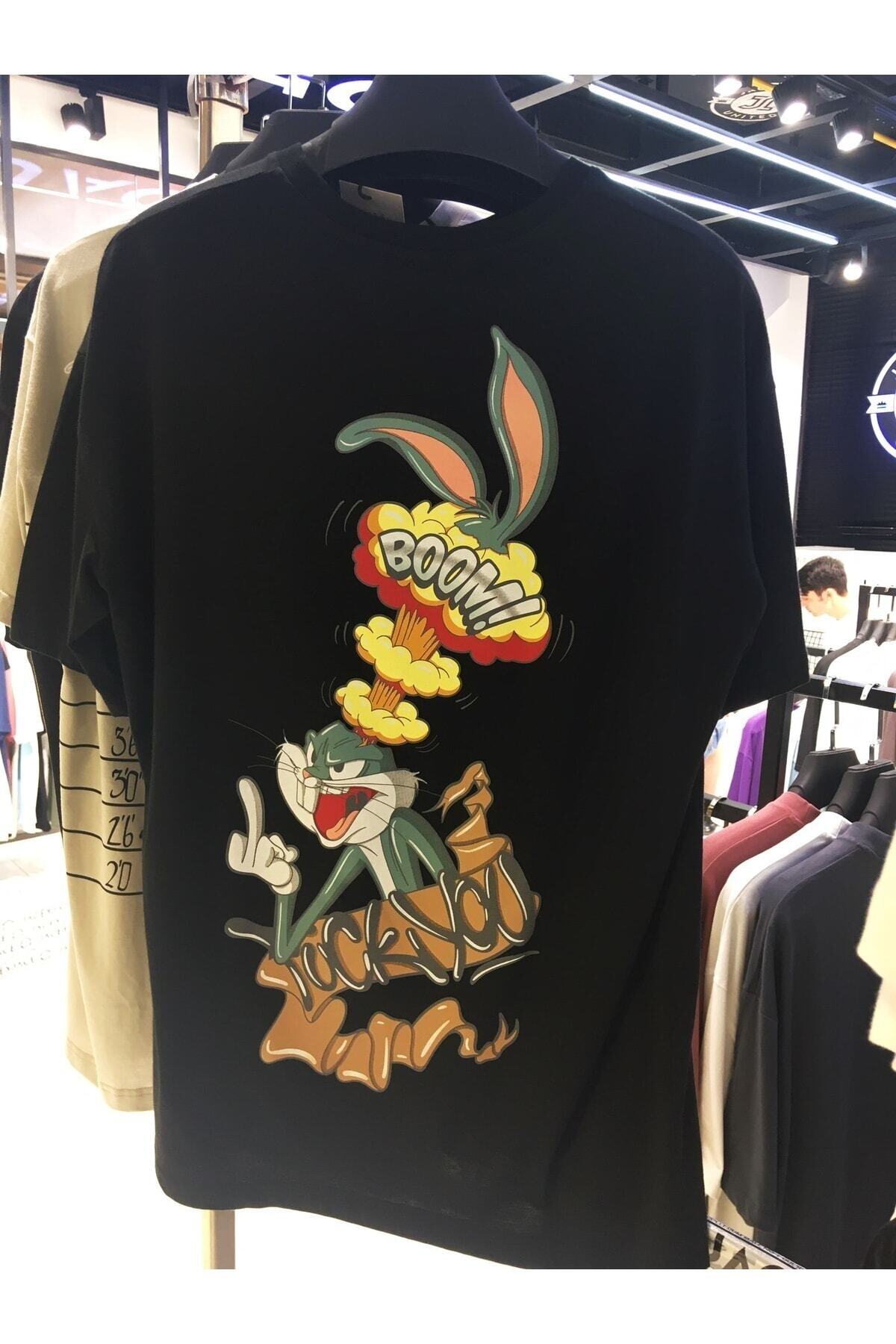 Bad Bugs Bunny Sırt Baskılı Oversize (bol Kalıp) Unisex T-shirt 100% Pamuk Nefes Alan Ince Kalite
