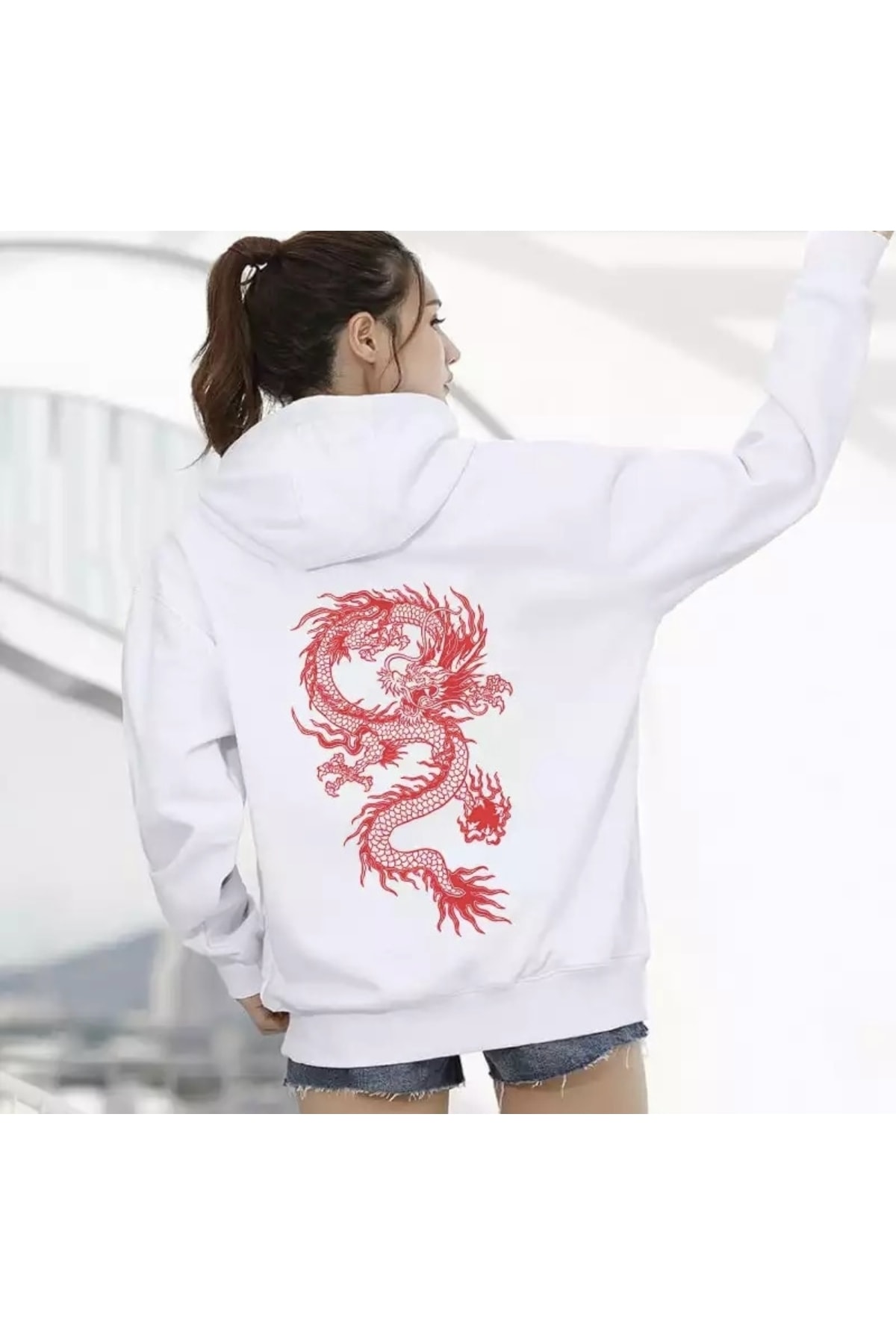 Kapüşonlu Red Ejderha Baskılı Kalın Kışlık Oversize Japon Stili Kadın Sweatshırt