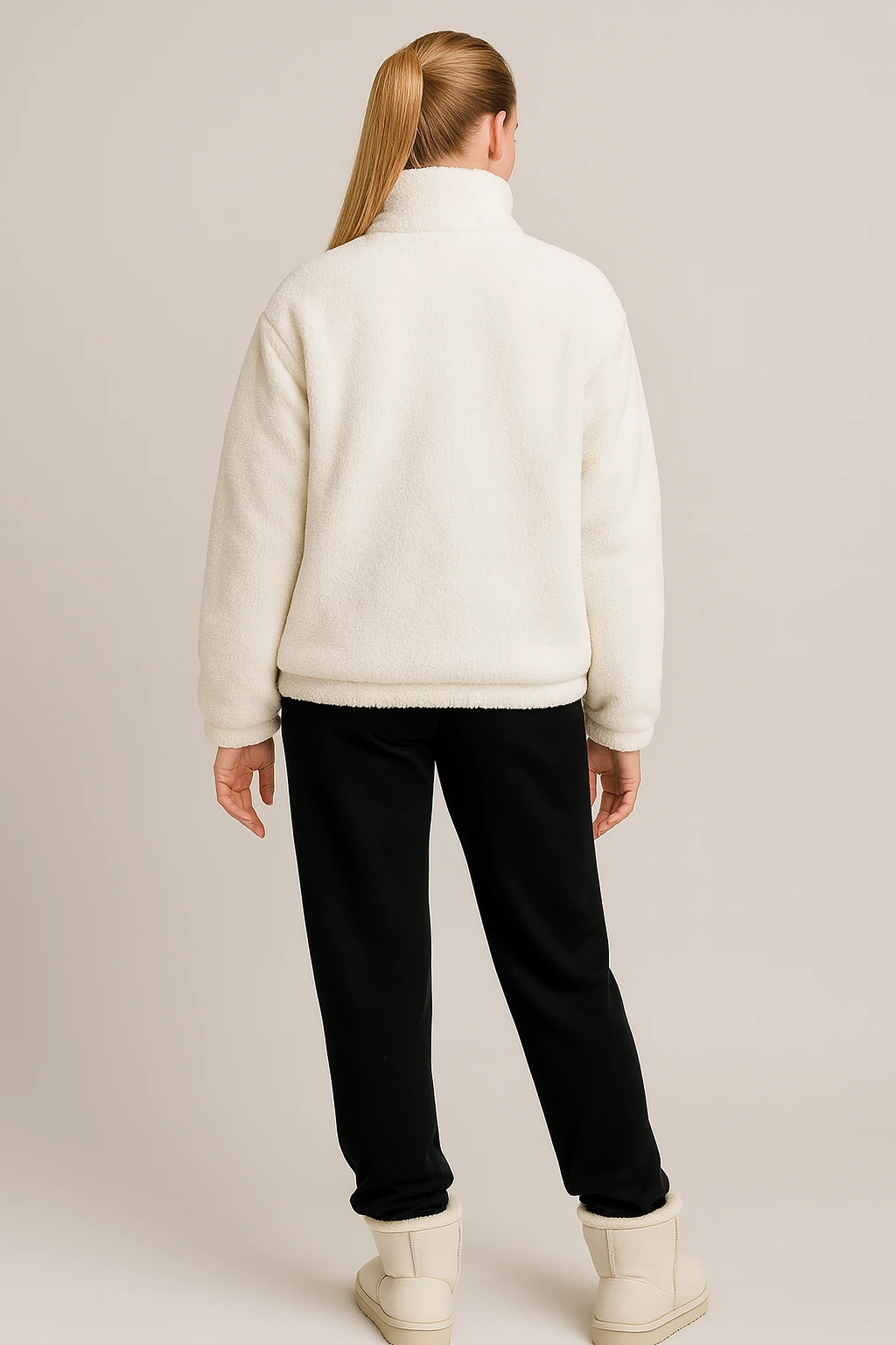 Kadın Düğmeli Peluş Ceket - beyaz