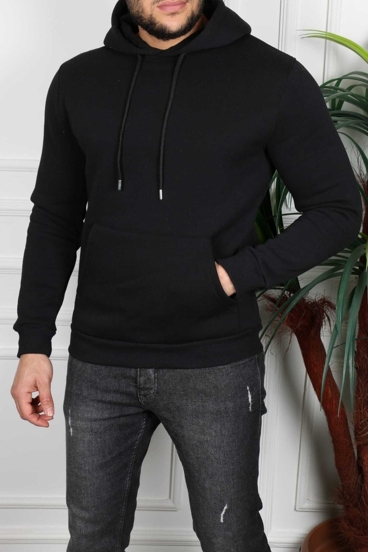 Unisex Siyah Düz Sweatshirt Kapüşonlu Kanguru Cep Normal Kalıp