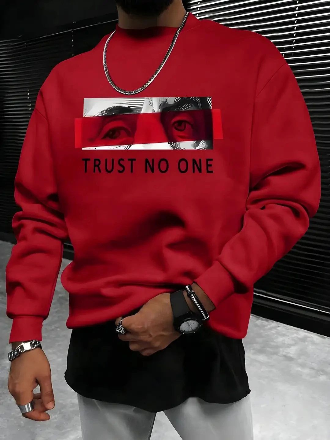 TRUST NO ONE TASARIM SWEATSHIRT - kırmızı