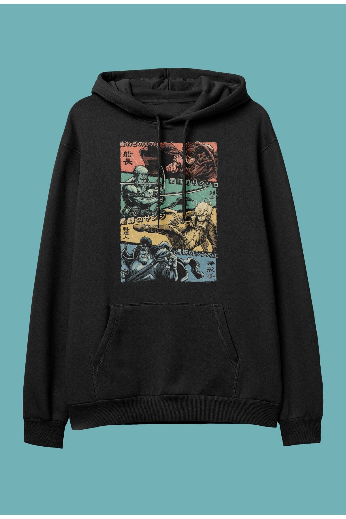 Oversize One Piece Hasır Şapka Korsanları Anime Tasarım Kapüşonlu Sweatshirt Hoodie