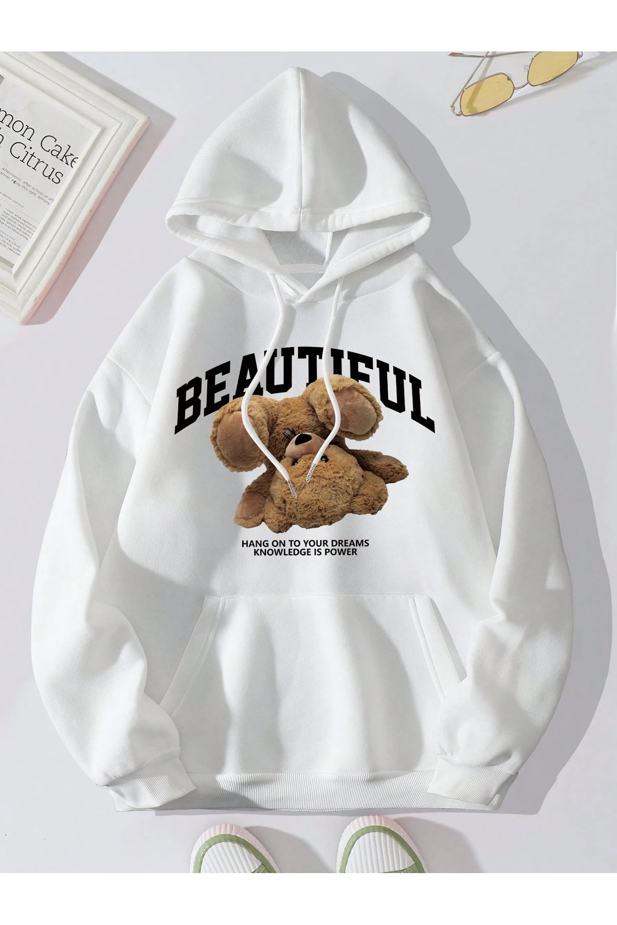 Beautiful Teddy Bear Baskılı Beyaz Oversize Hoodie Sweatshirt Unisex Kapüşonlu Sweat Sokak Modası