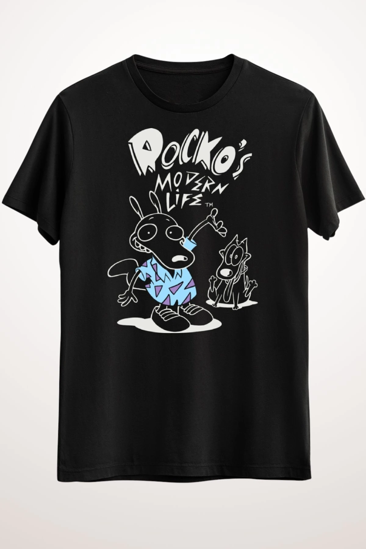 Unisex Siyah Tişört Rocko And Spunky Line Art