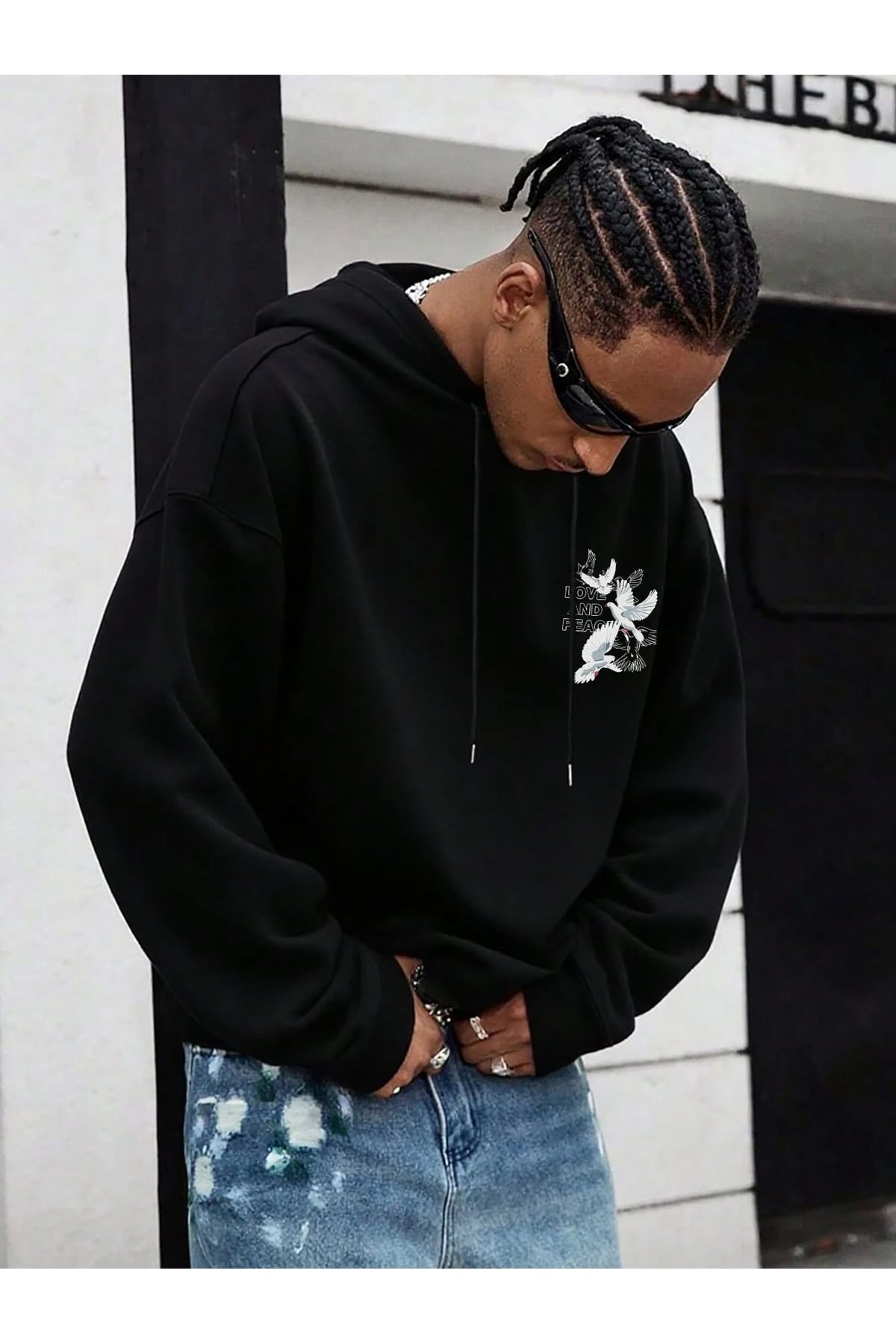 Love and Peace Baskılı Oversize Hoodie Sweatshirt Unisex Kapüşonlu Siyah Sokak Modası Rahat Kalıp