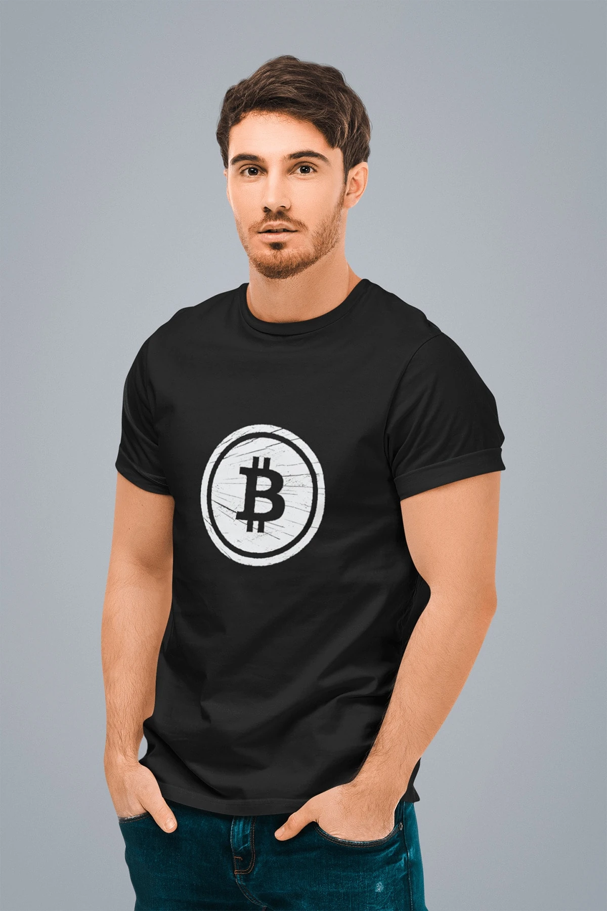 Erkek Siyah Bitcoin Grunge Baskılı Standart T-shirt T6244565
