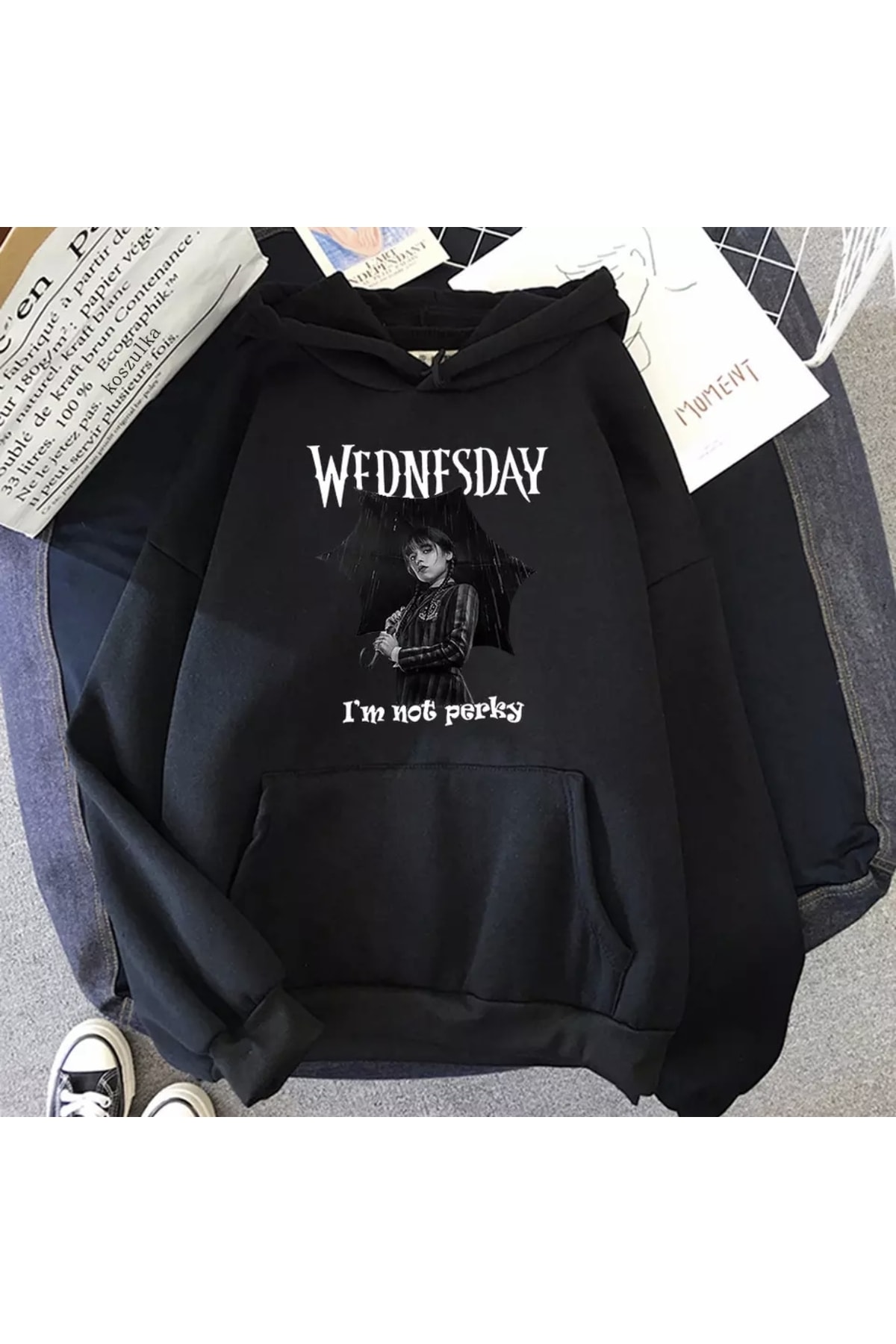 Özel Üretim Kapüşonlu Wednesday Baskılı 3 Iplik Oversize Kadın Sweatshırt
