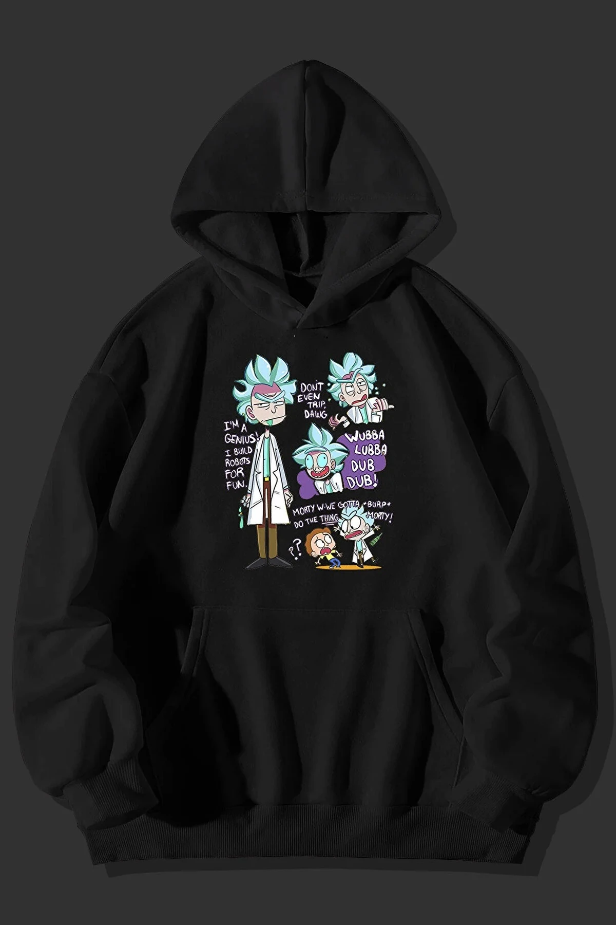 Rick and Morty *Rick Series* Baskılı Unisex Siyah Kanguru Cepli Kapüşonlu Sweatshirt Hoodie