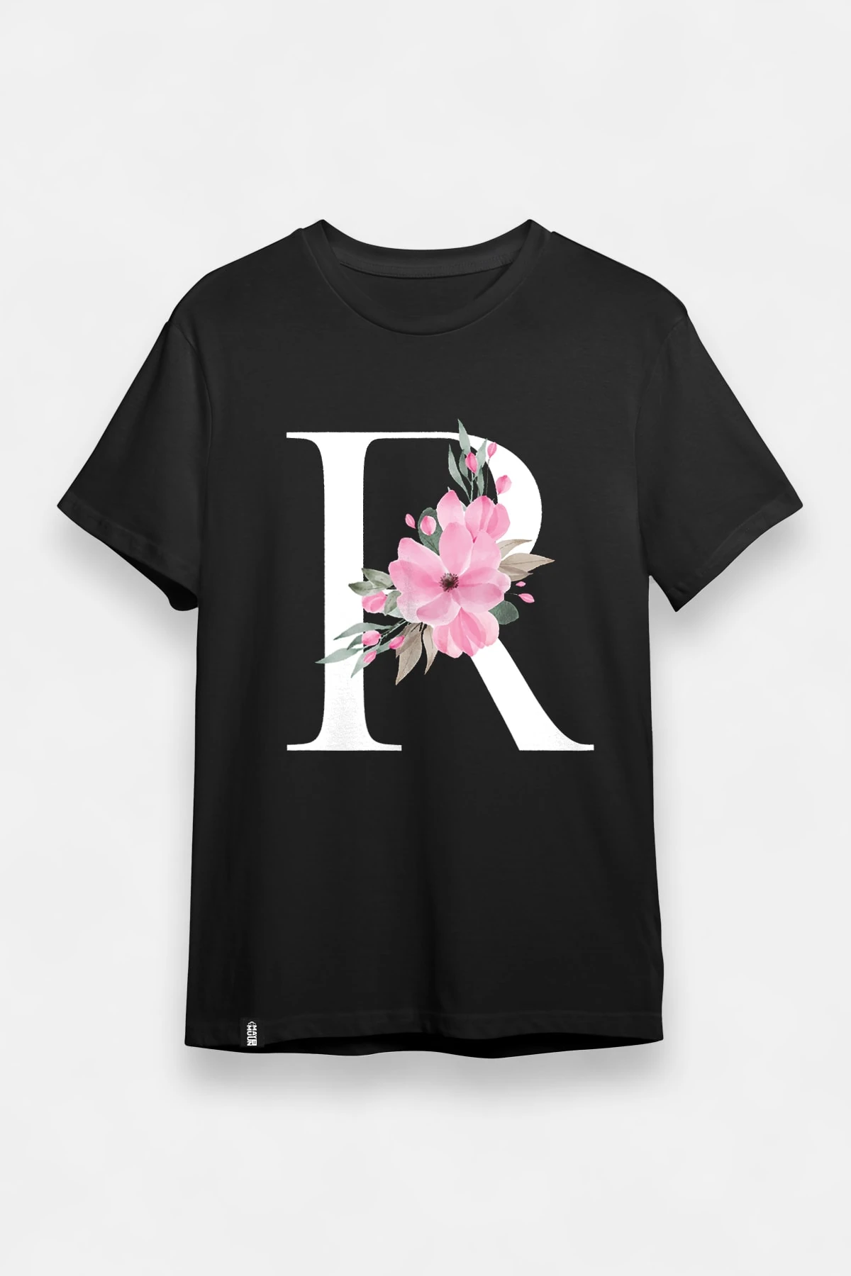 Çiçek Desenli R Harfi Baskılı Siyah Tişört