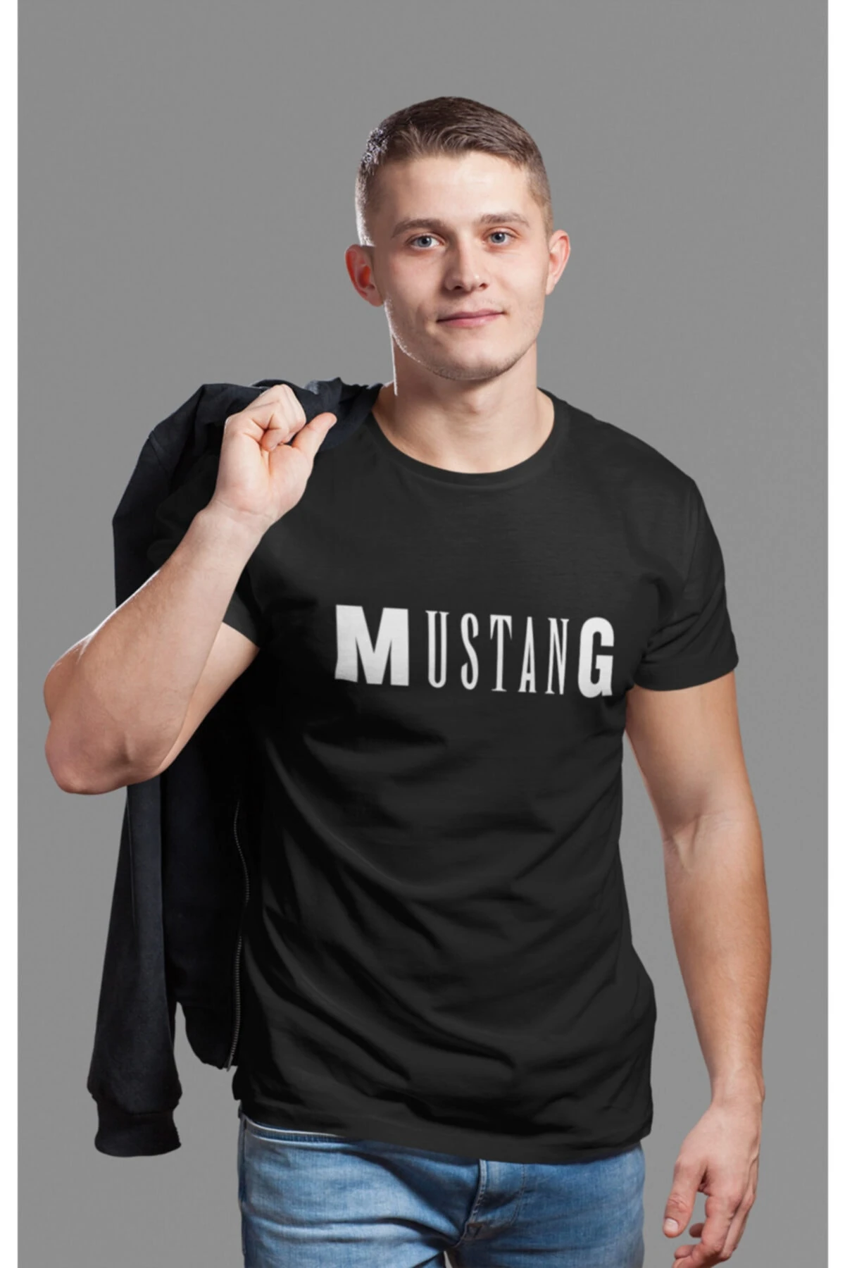 Unisex Siyah Mustang Baskılı Özel Tasarım Tshirt