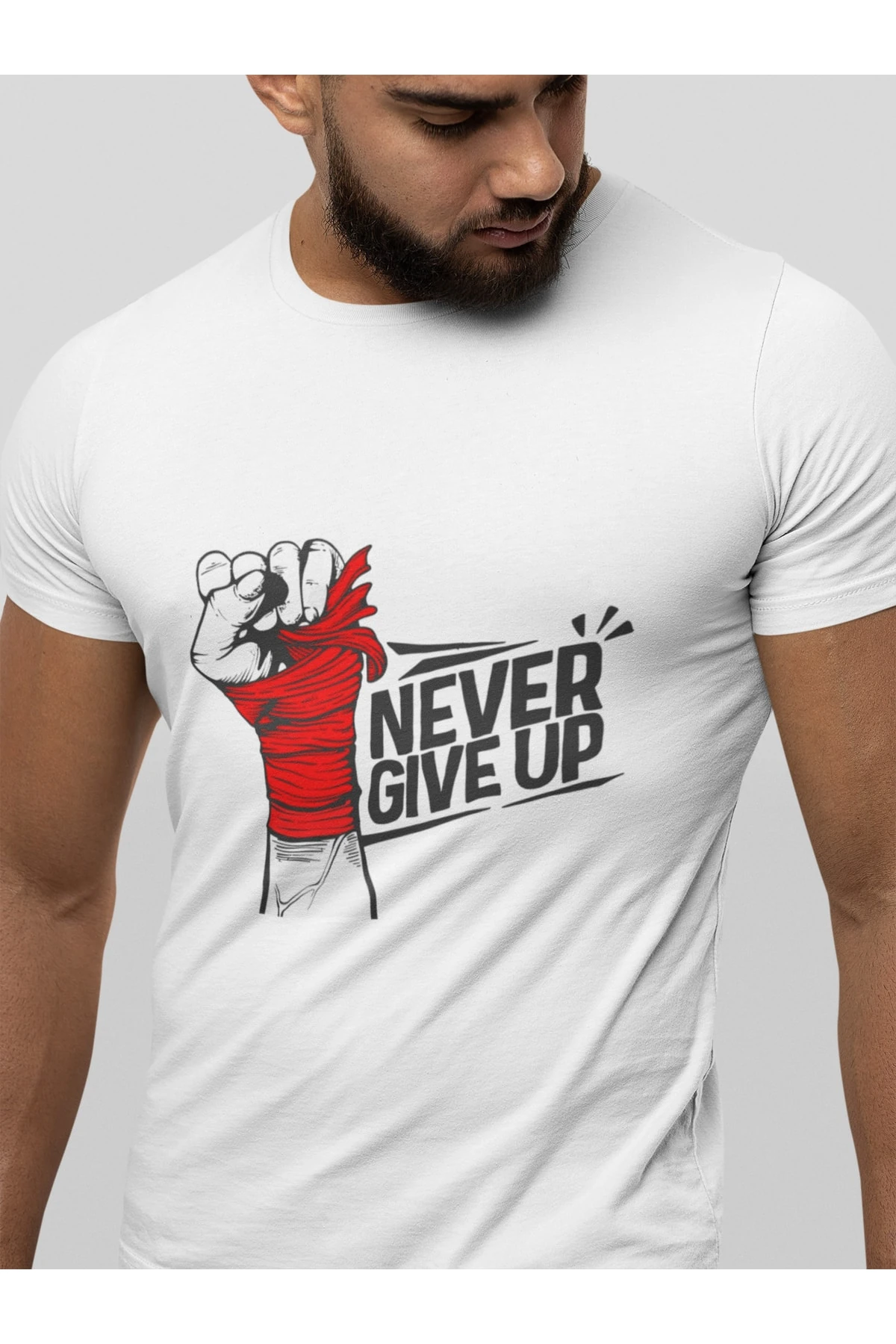 Fitness Gym Tshirt Never Give Up Unisex Beyaz Regularfit