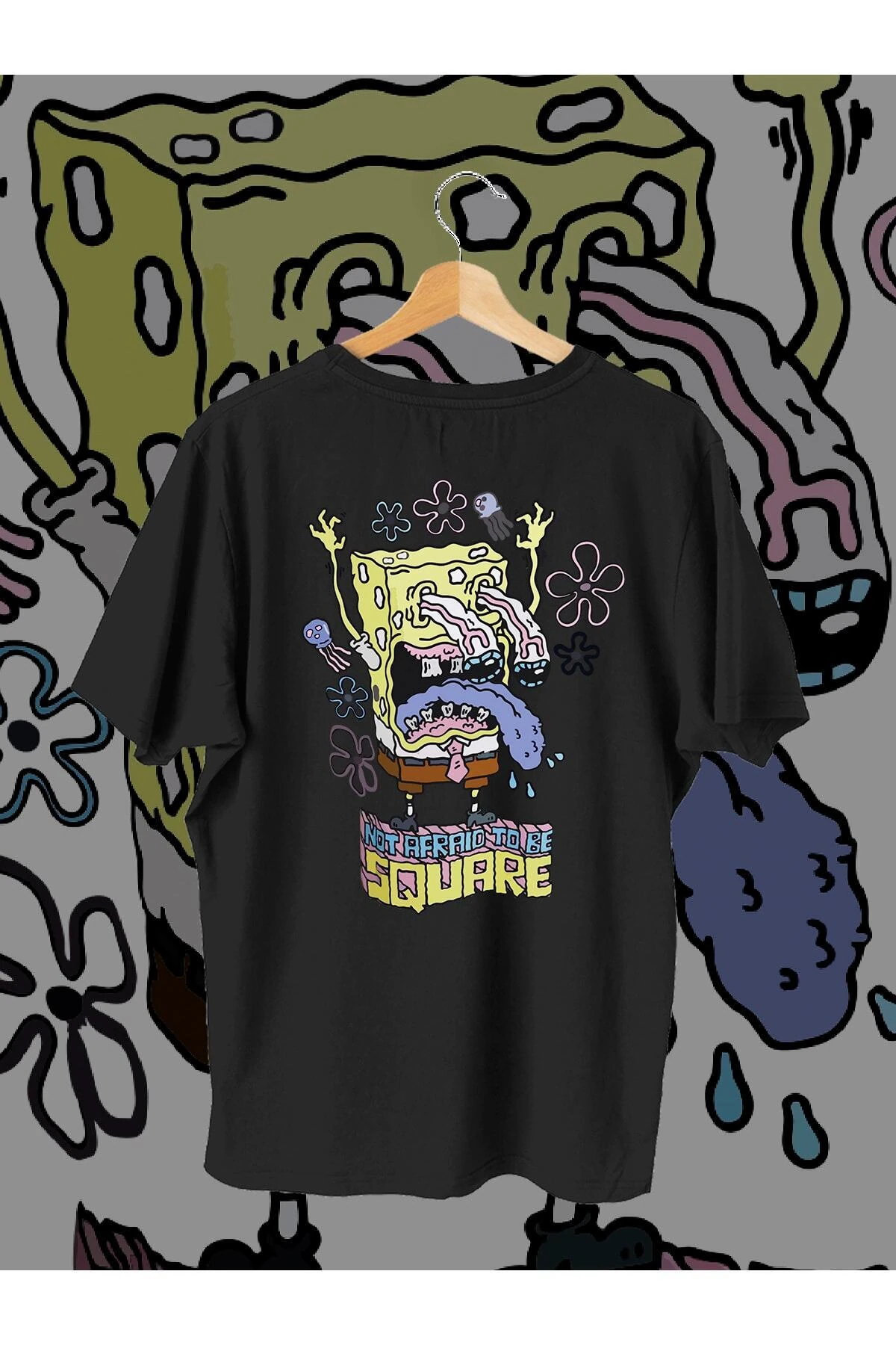 Kadın Erkek Trend Sunger Bob Baskılı Oversize T Shirt