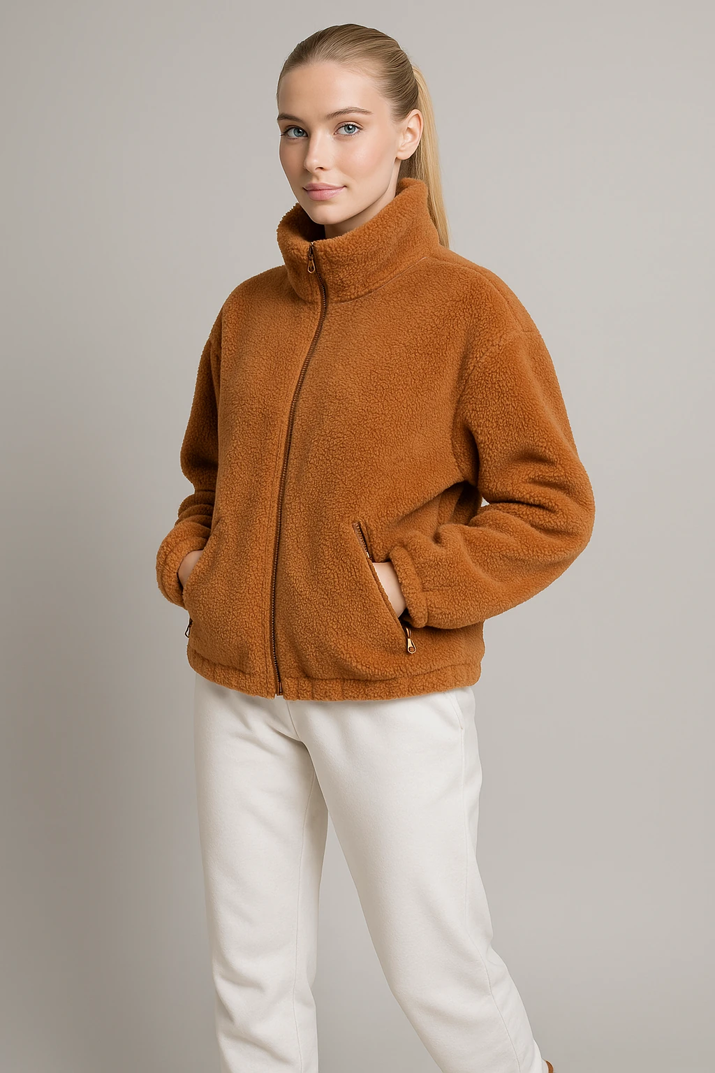 Kadın Fermuarlı Peluş Ceket - tarçın