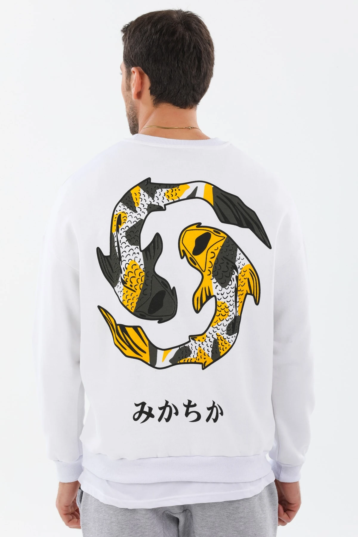 Trend Ahmet Beyaz Unisex Oversize Balık Baskılı Sweatshirt