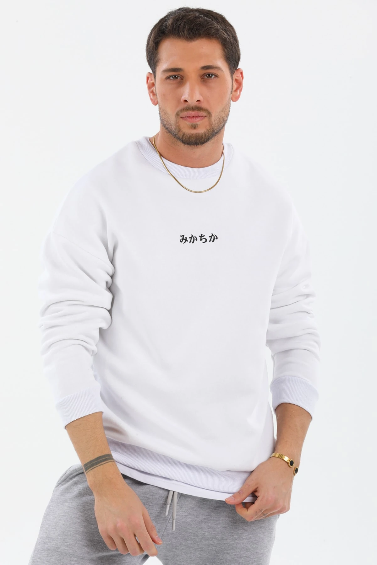 Trend Ahmet Beyaz Unisex Oversize Balık Baskılı Sweatshirt