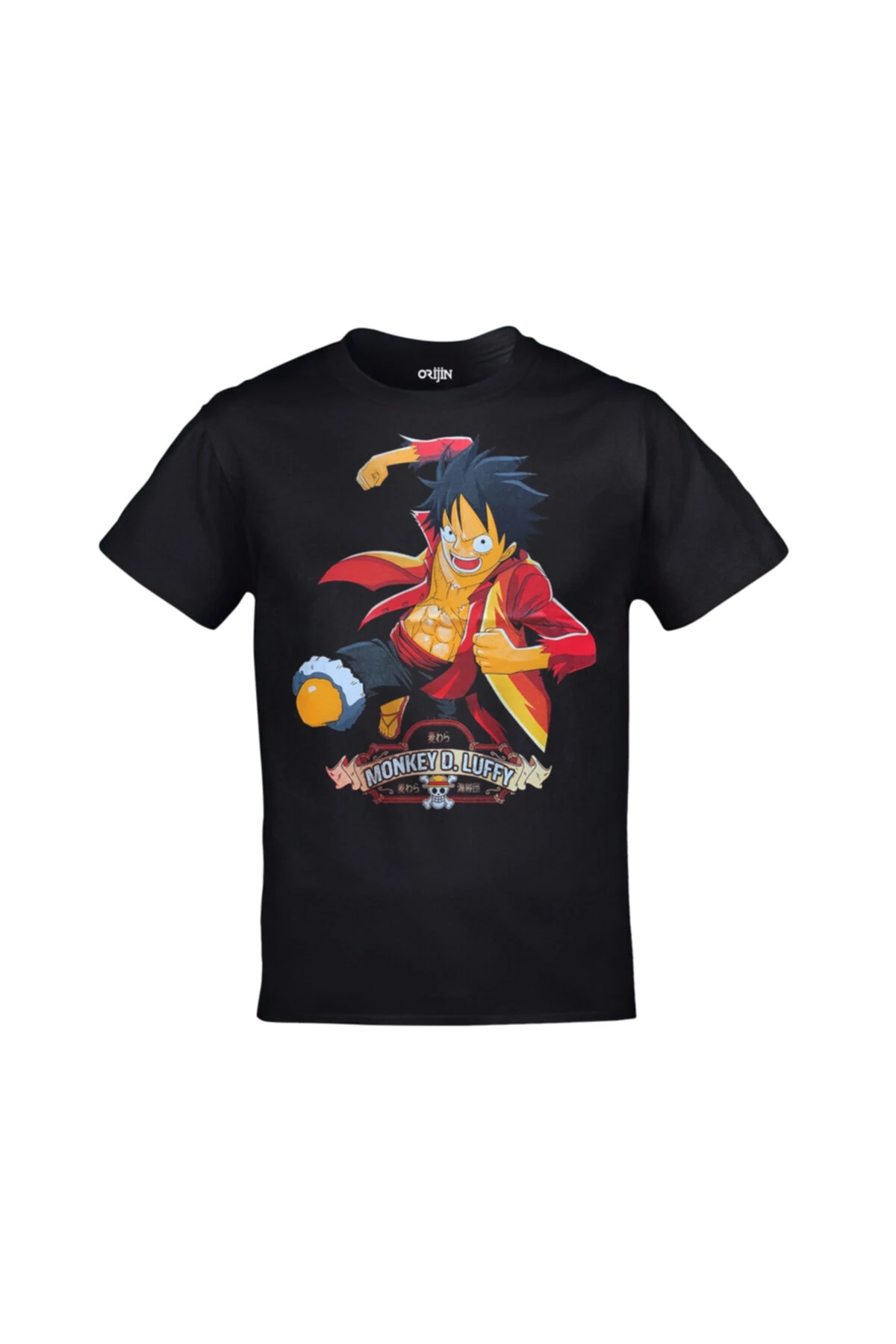 Unisex Siyah One Piece Monkey D Luffy Yumruk Baskılı Tshirt