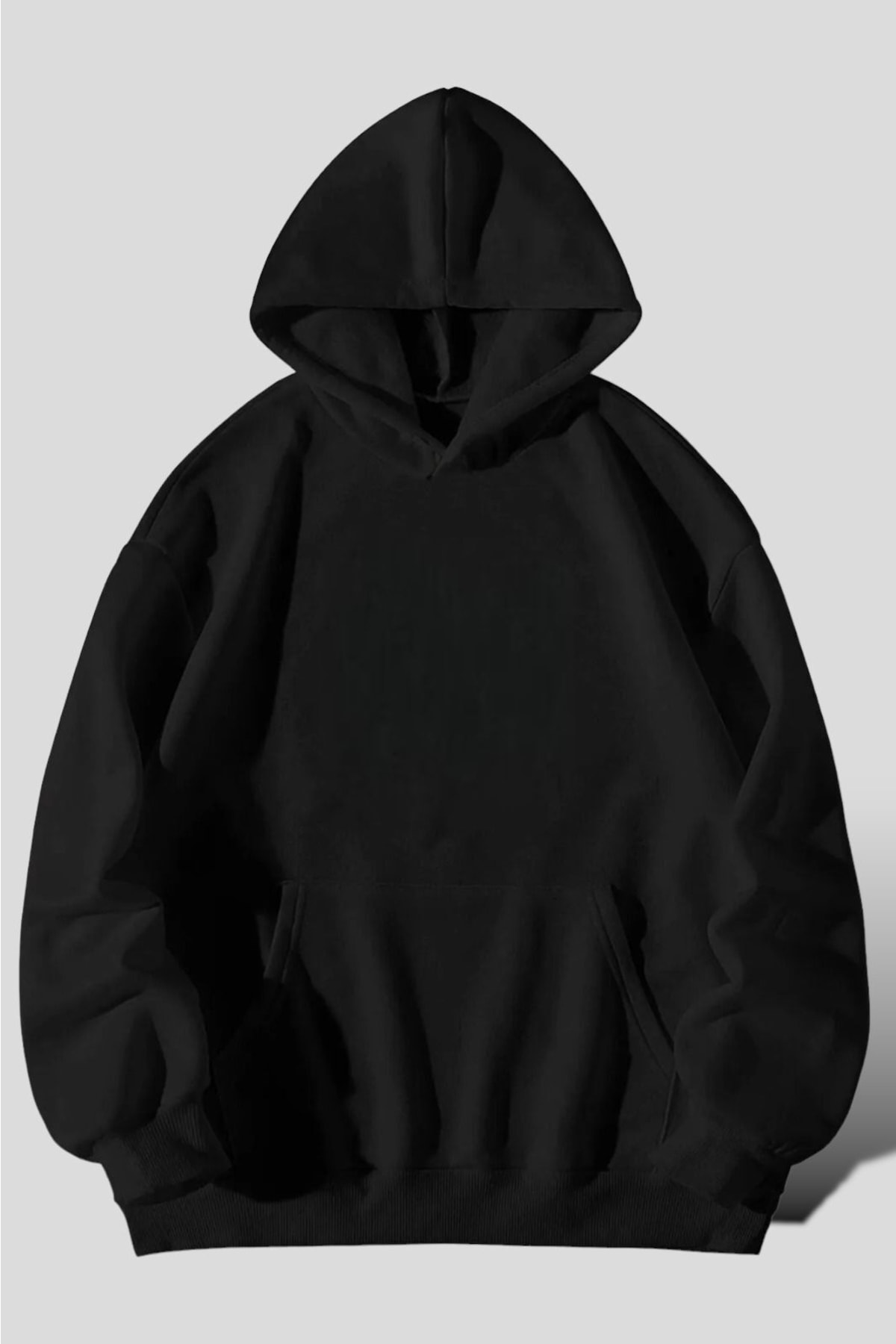 Unisex Siyah Iwi Cat Baskı Oversize Kapüşonlu Sweatshirt