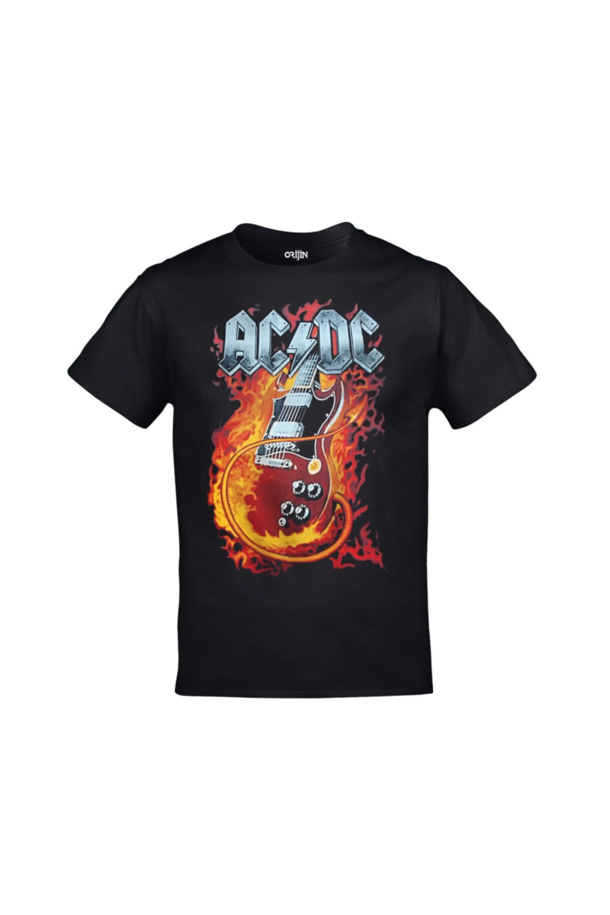 Unisex Siyah Ac Dc Alevli Gitar Baskılı Tshirt