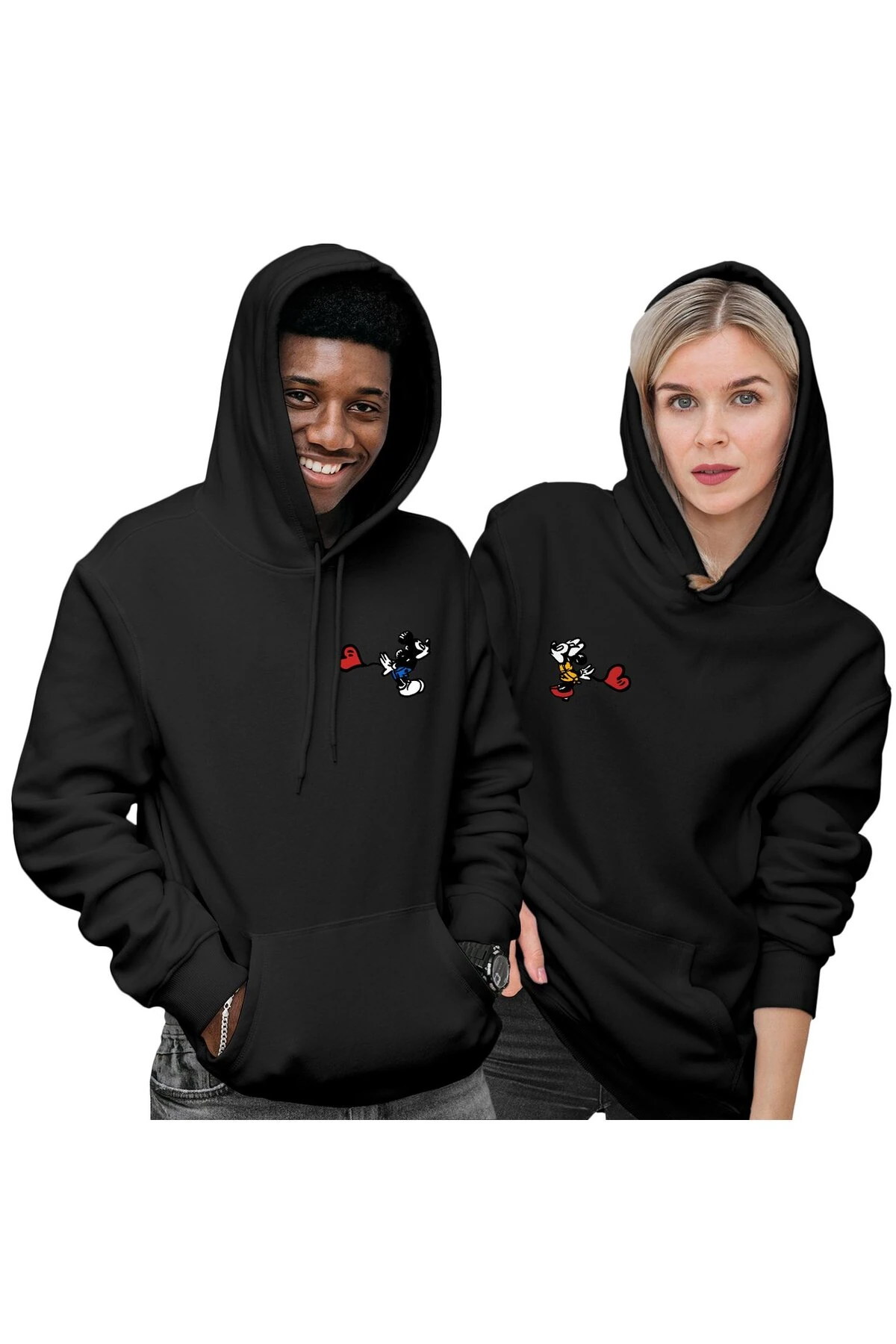 Mickey ve Minnie Baskılı Sevgili Kombini Siyah Regular Kapüşonlu Sweatshirt