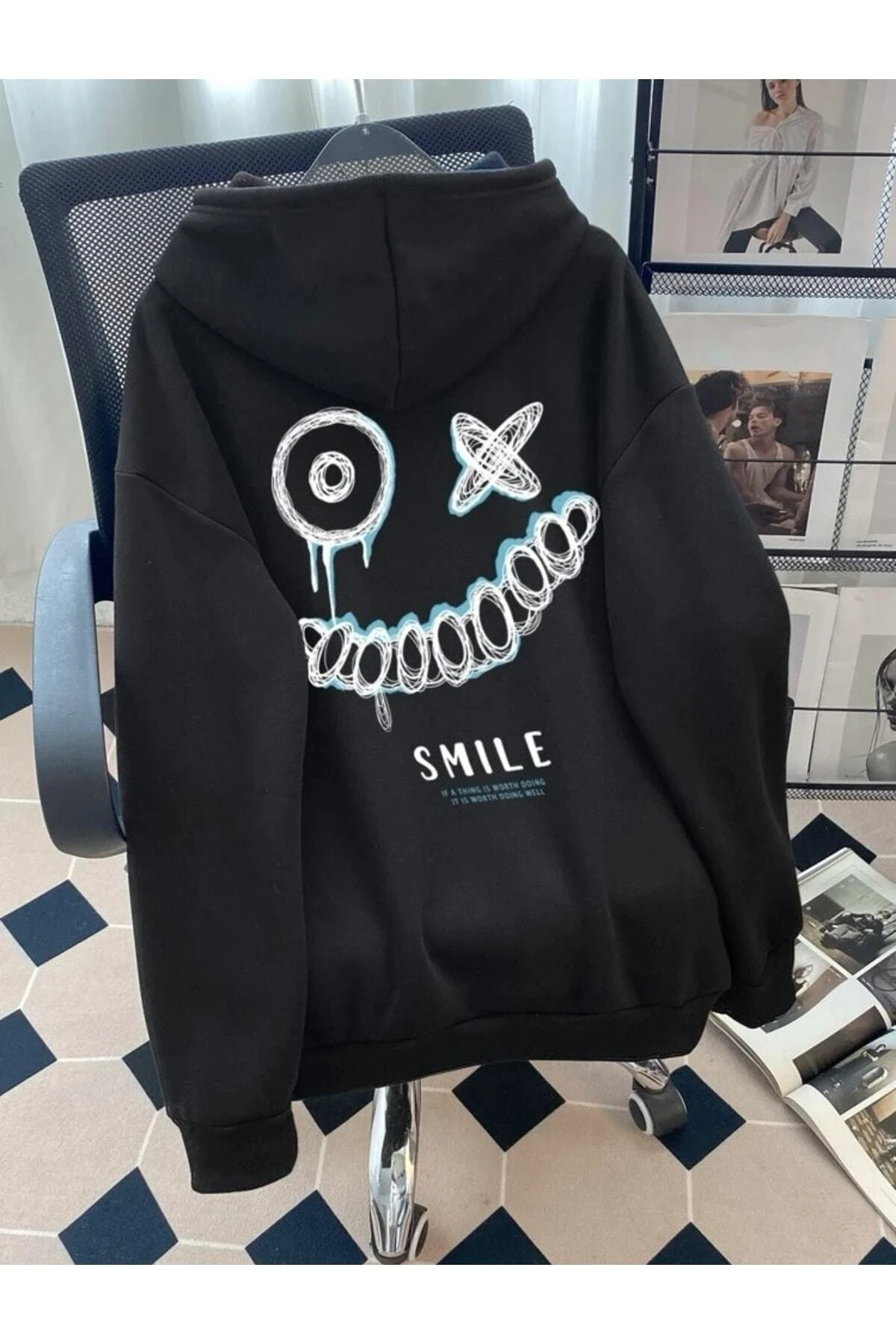 Oversize Unisex Zombie Smile Baskılı E Kapüşonlu Sweatshirt
