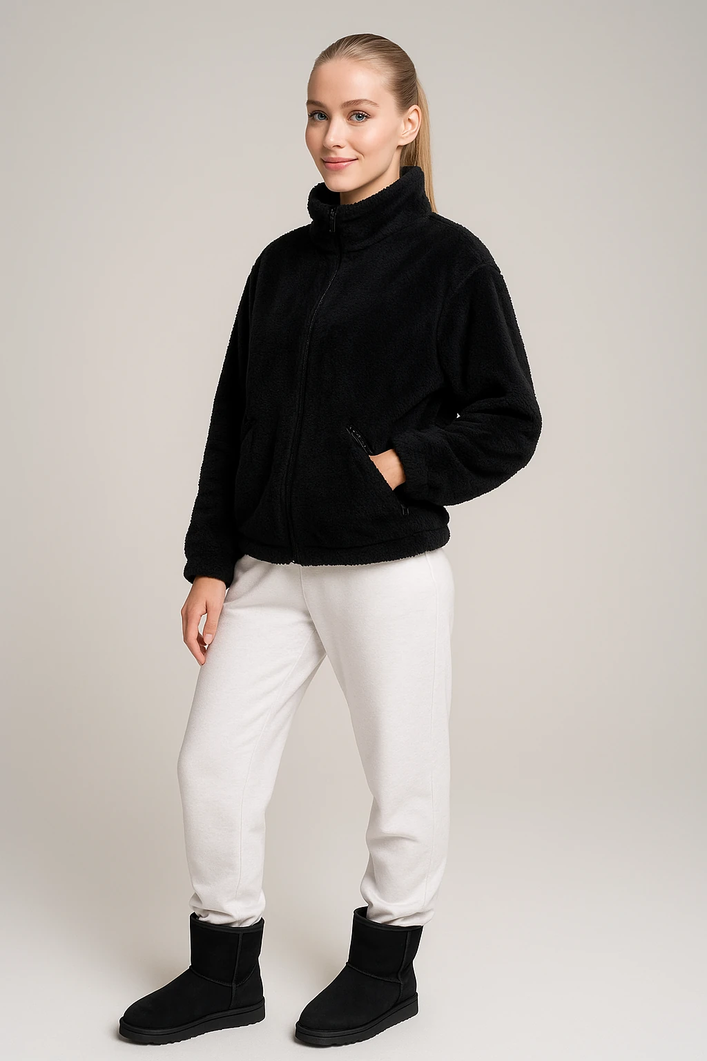 Kadın Fermuarlı Peluş Ceket - siyah
