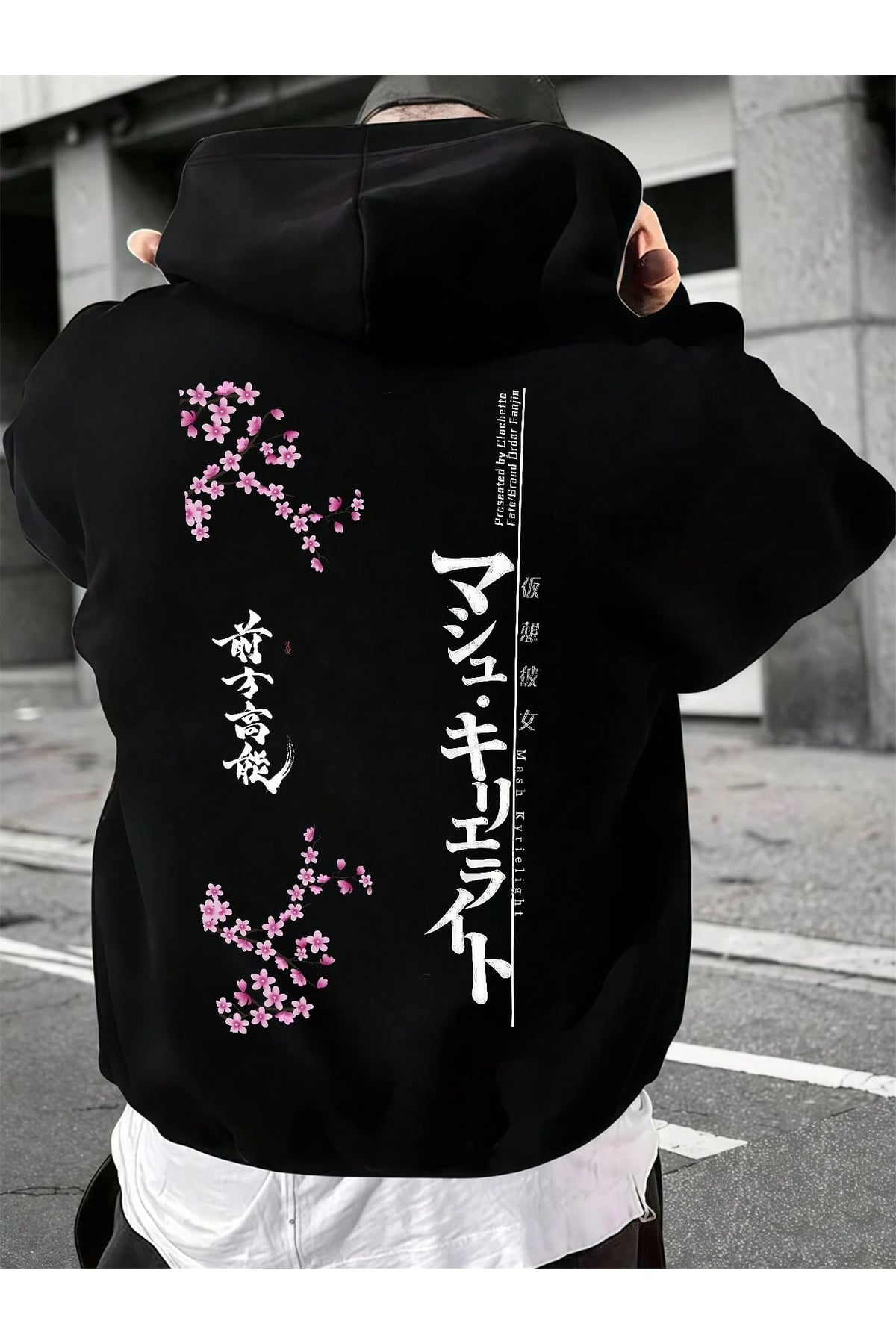 Japon Sakura Baskılı Oversize Hoodie Sweatshirt Siyah Kapüşonlu Unisex Sweat Sokak Modası Japon Stil