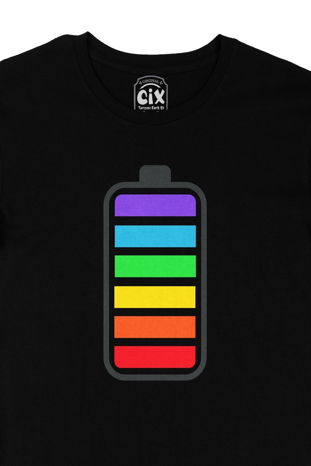 Gökkuşağı Renkli Batarya Siyah Tişört